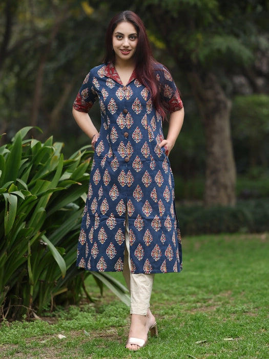 Blue and Red Long Printed Cotton kurta