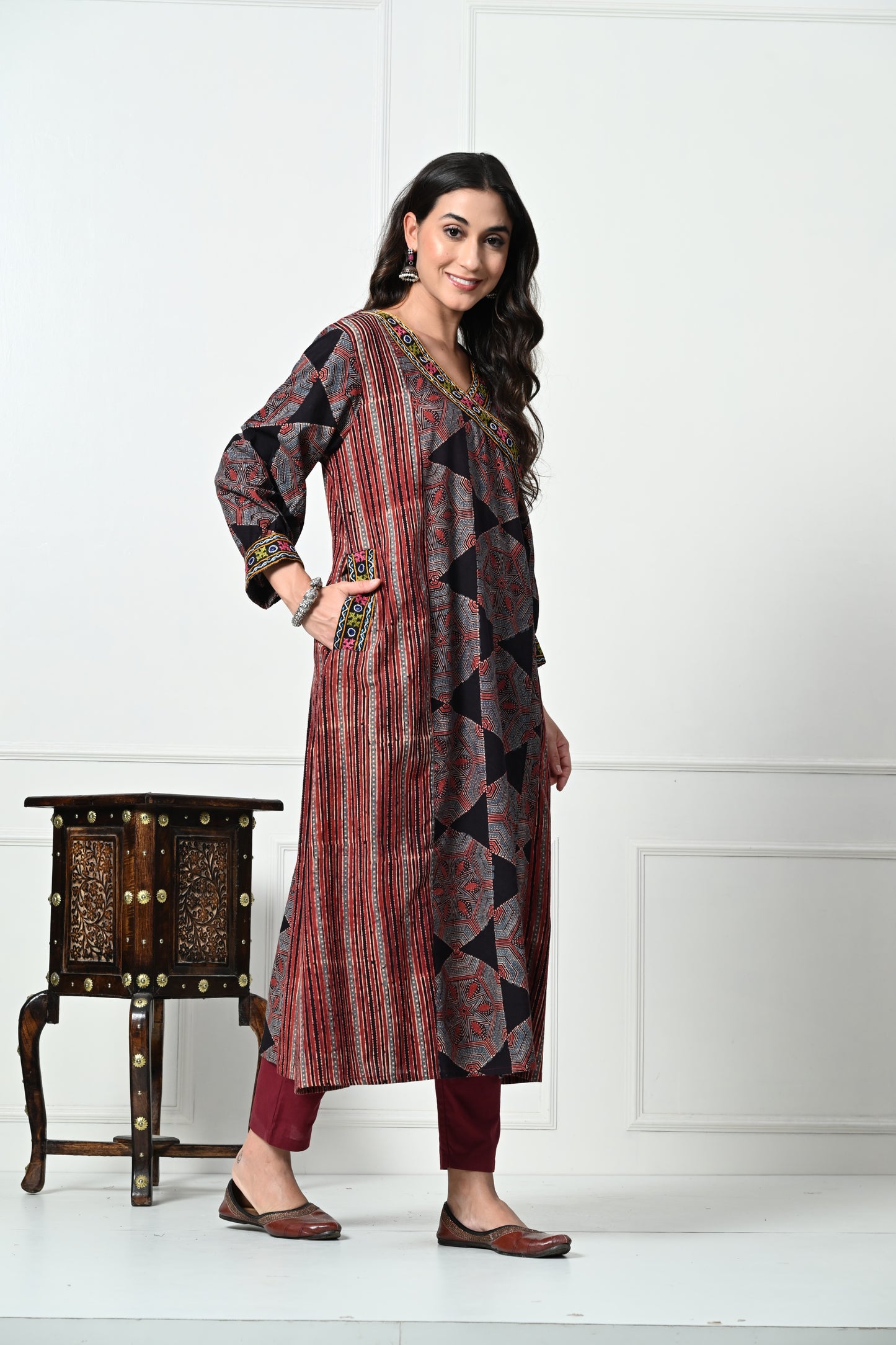 Black Ajrakh HandBlock Printed Long Cotton Kurta with Pocket