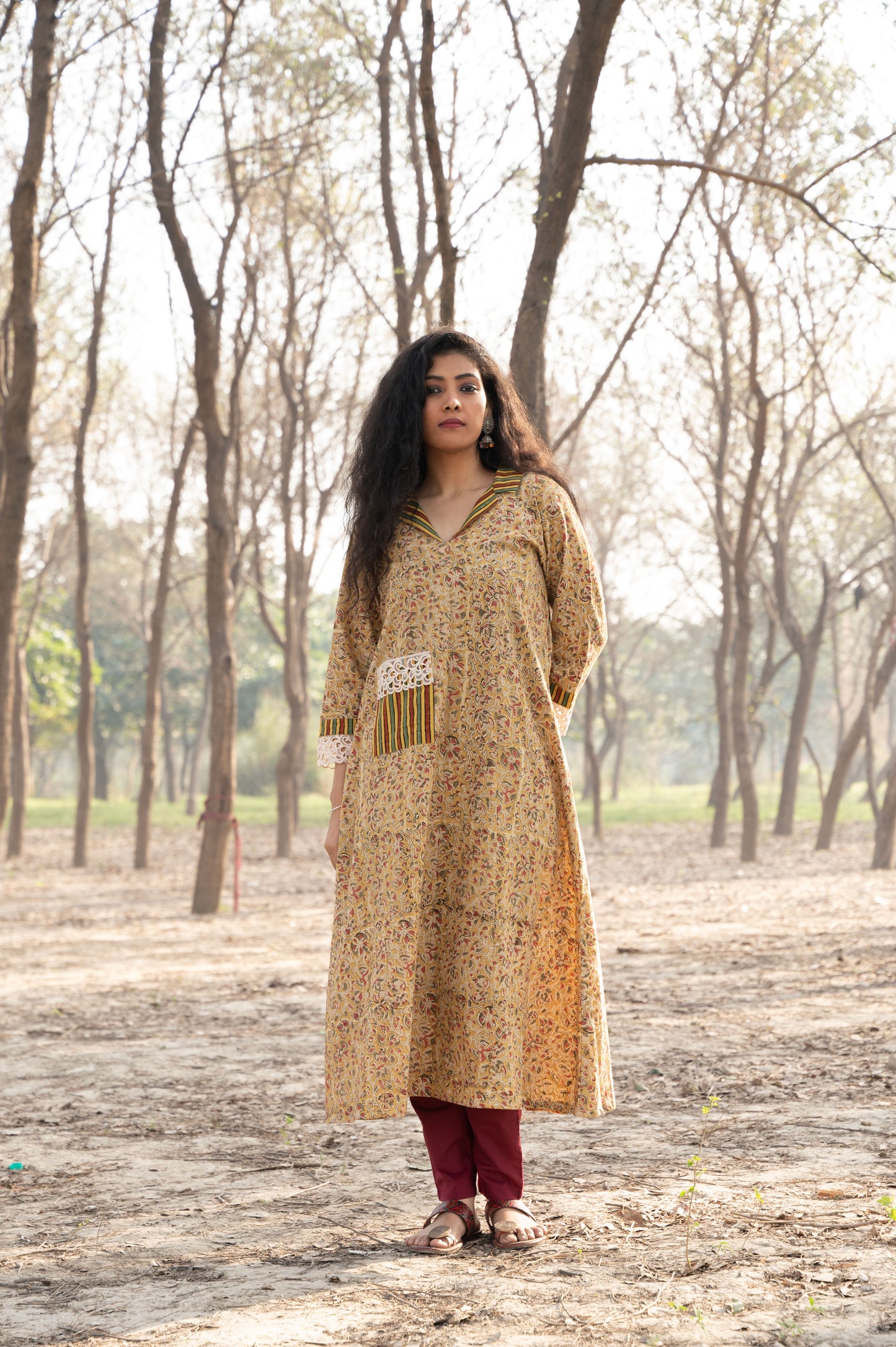 Mustard Kalamkari Hand Block Printed Cotton Kurta