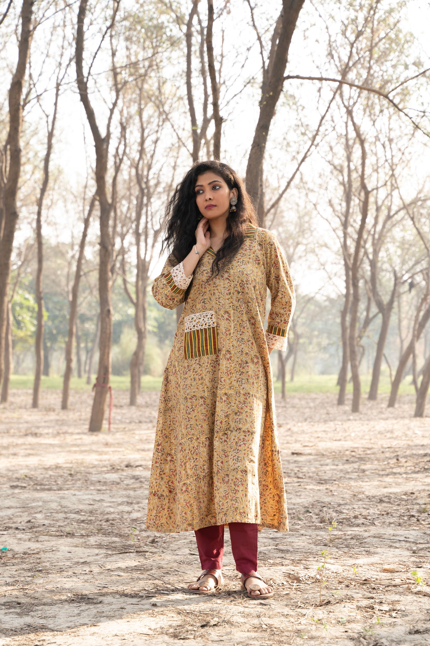 Mustard Kalamkari Hand Block Printed Cotton Kurta