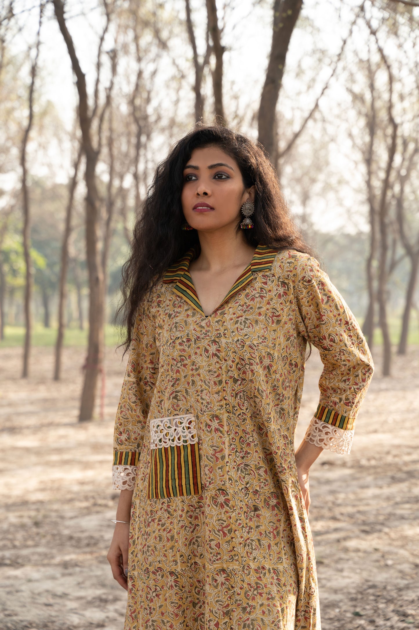 Mustard Kalamkari Hand Block Printed Cotton Kurta