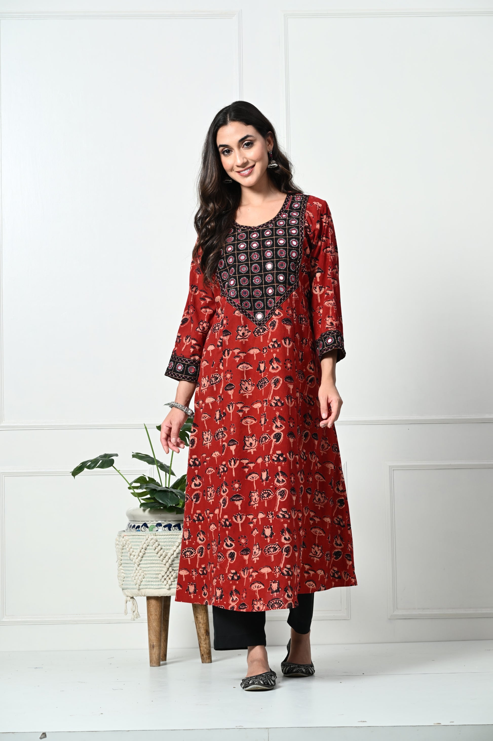 Maroon Ajrakh Handblock Printed Long Kurta with Kutch Hand embroidery work detail