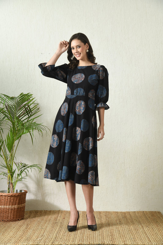 Black Ajrakh Hand Block Printed Cotton Dress