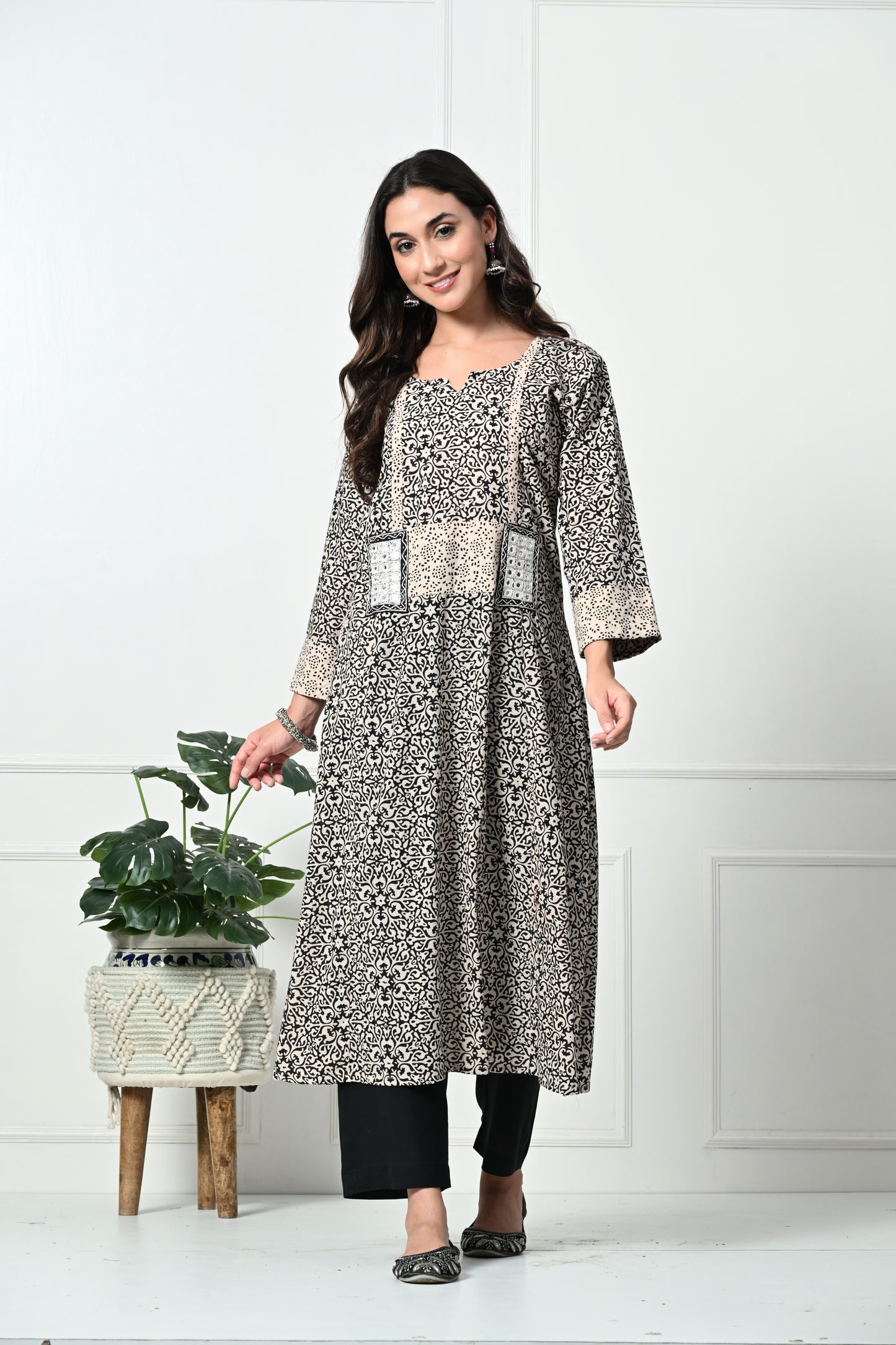 Black and White Ajrakh Hand Block Printed Long Kurta with Pocket