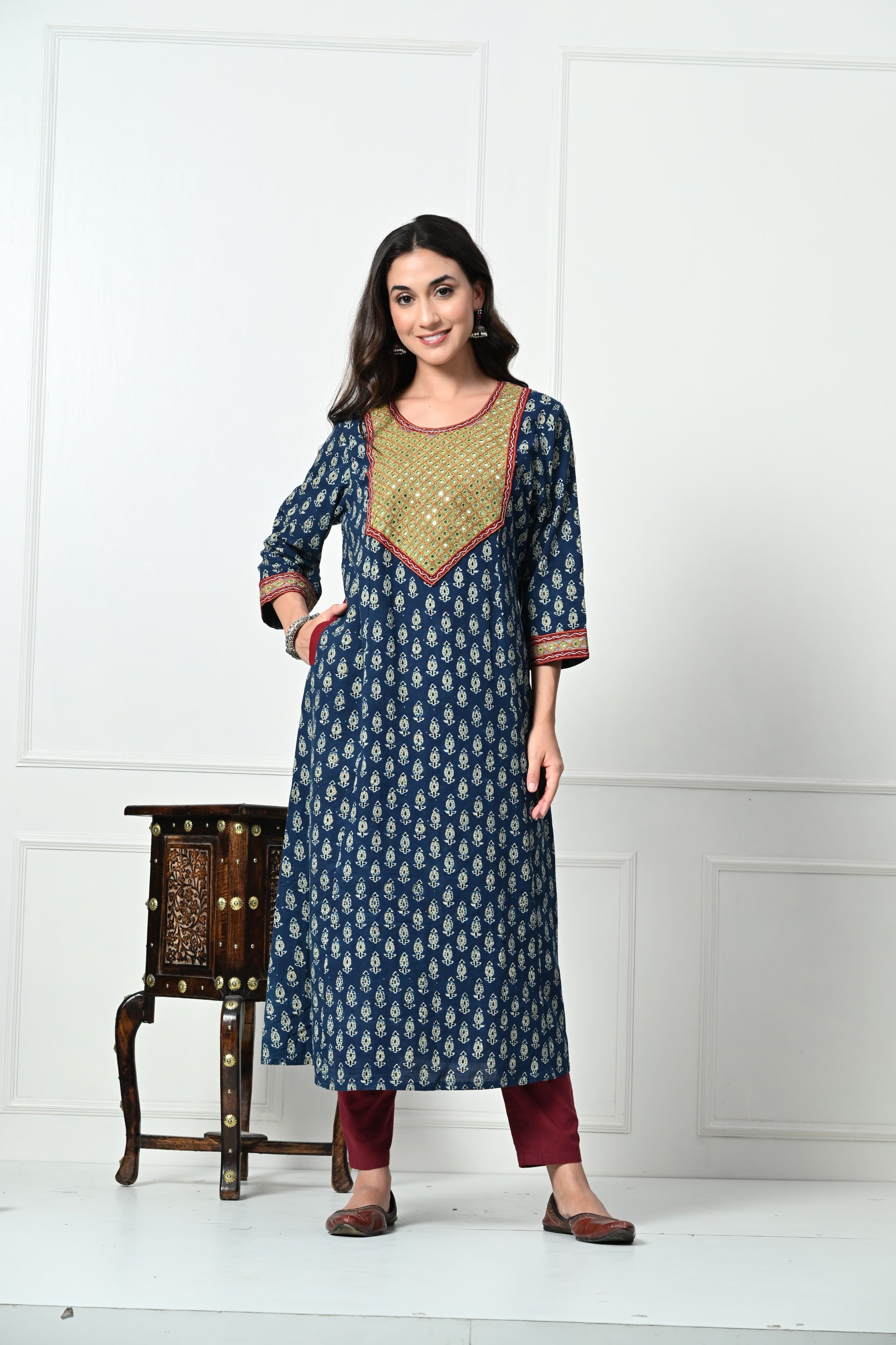 Blue Ajrakh Hand Block Printed Long Kurta with Pocket