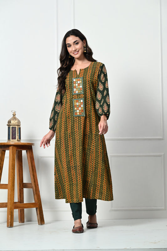 Mustard and Green Ajrakh Hand Block Printed Kurta with Kutch Hand Emroidery patch