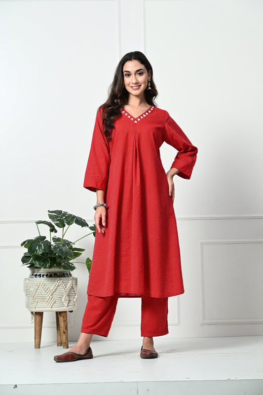 Red Pure Cotton Kurta Set