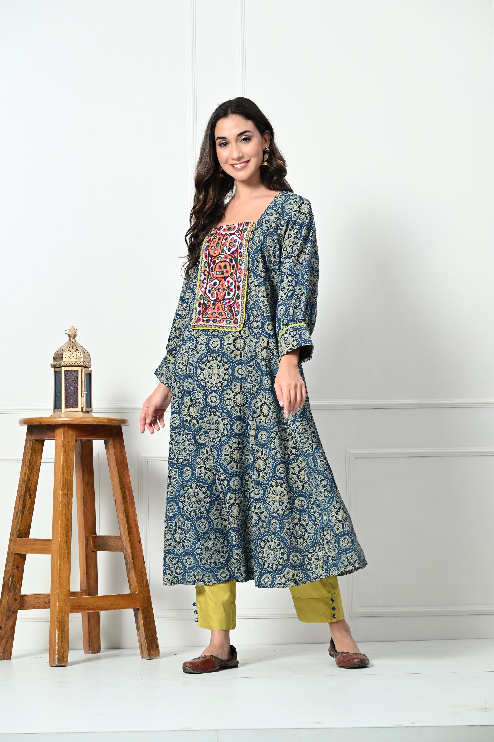 Blue Ajrakh Handblock Printed Long Cotton kurta