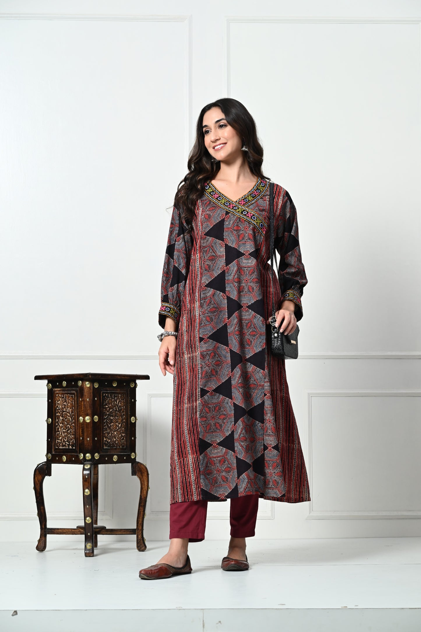 Black Ajrakh HandBlock Printed Long Cotton Kurta with Pocket