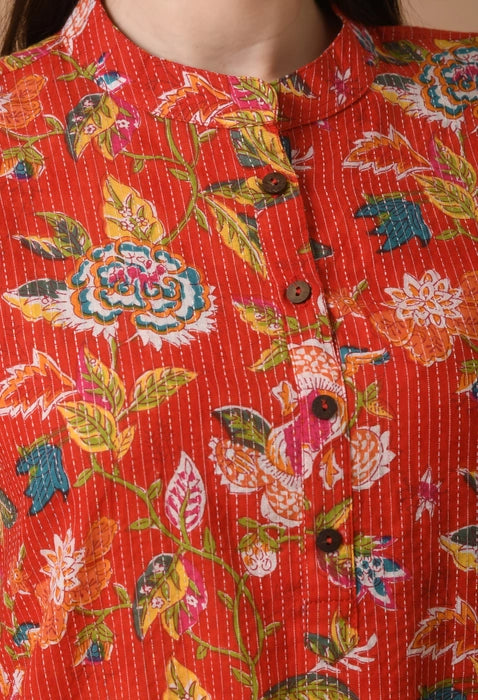 Red Cotton Printed Knee Length Kurta