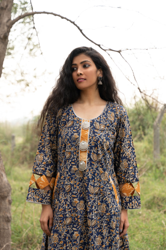 Blue Kalamkari Hand Block Printed Cotton Kurta