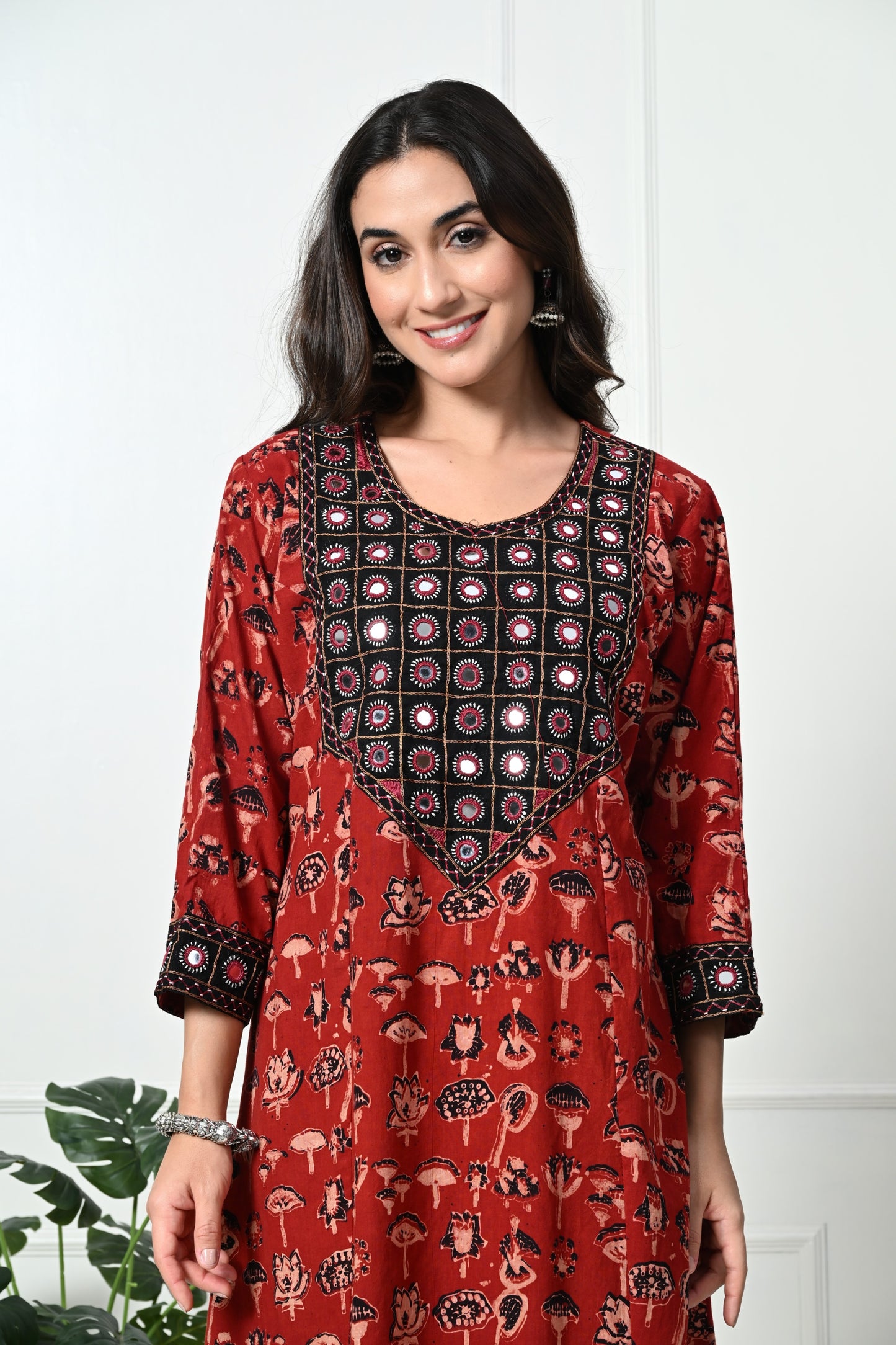 Maroon Ajrakh Handblock Printed Long Kurta with Kutch Hand embroidery work detail