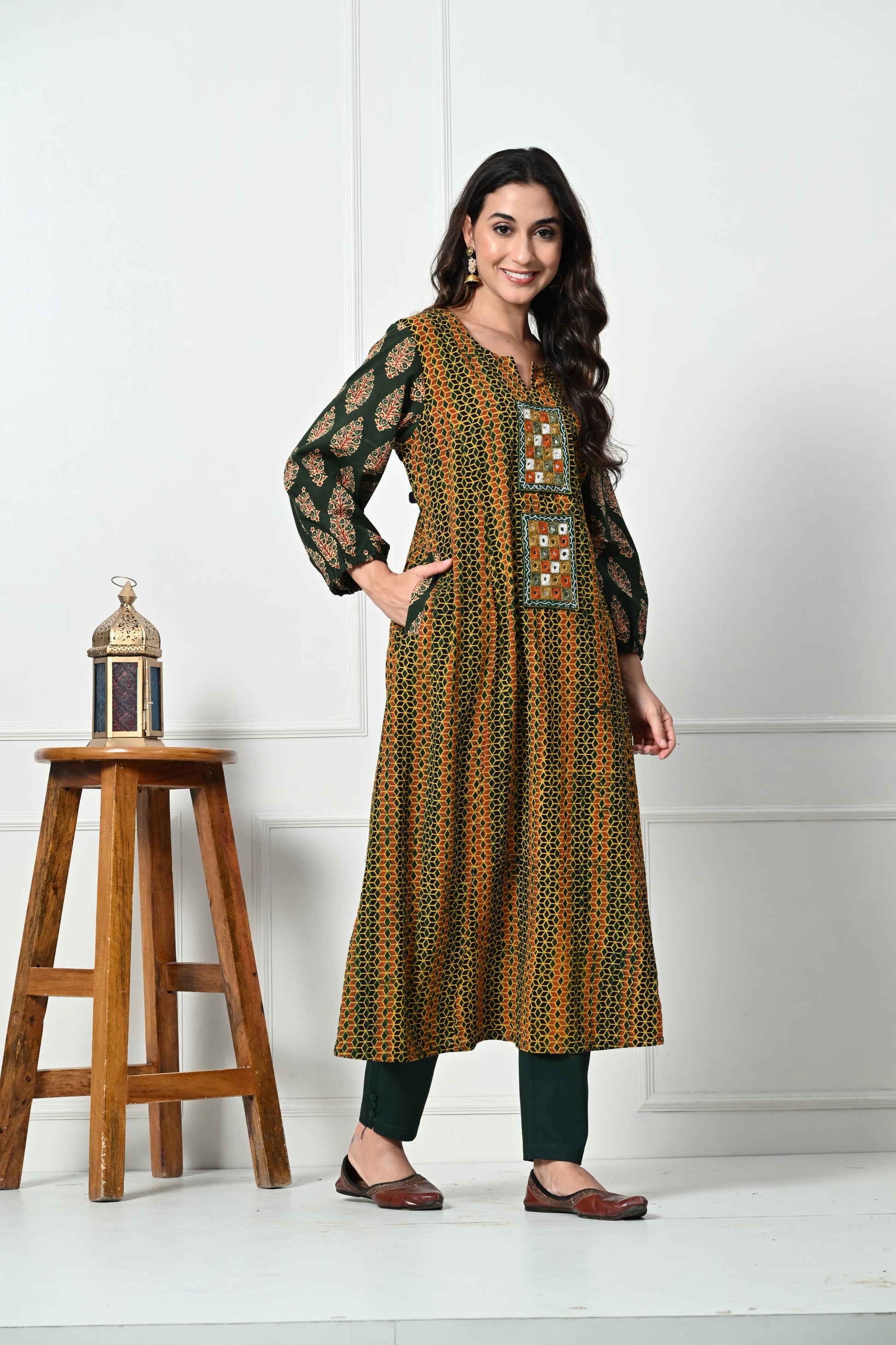 Mustard and Green Ajrakh Hand Block Printed Kurta with Kutch Hand Emroidery patch