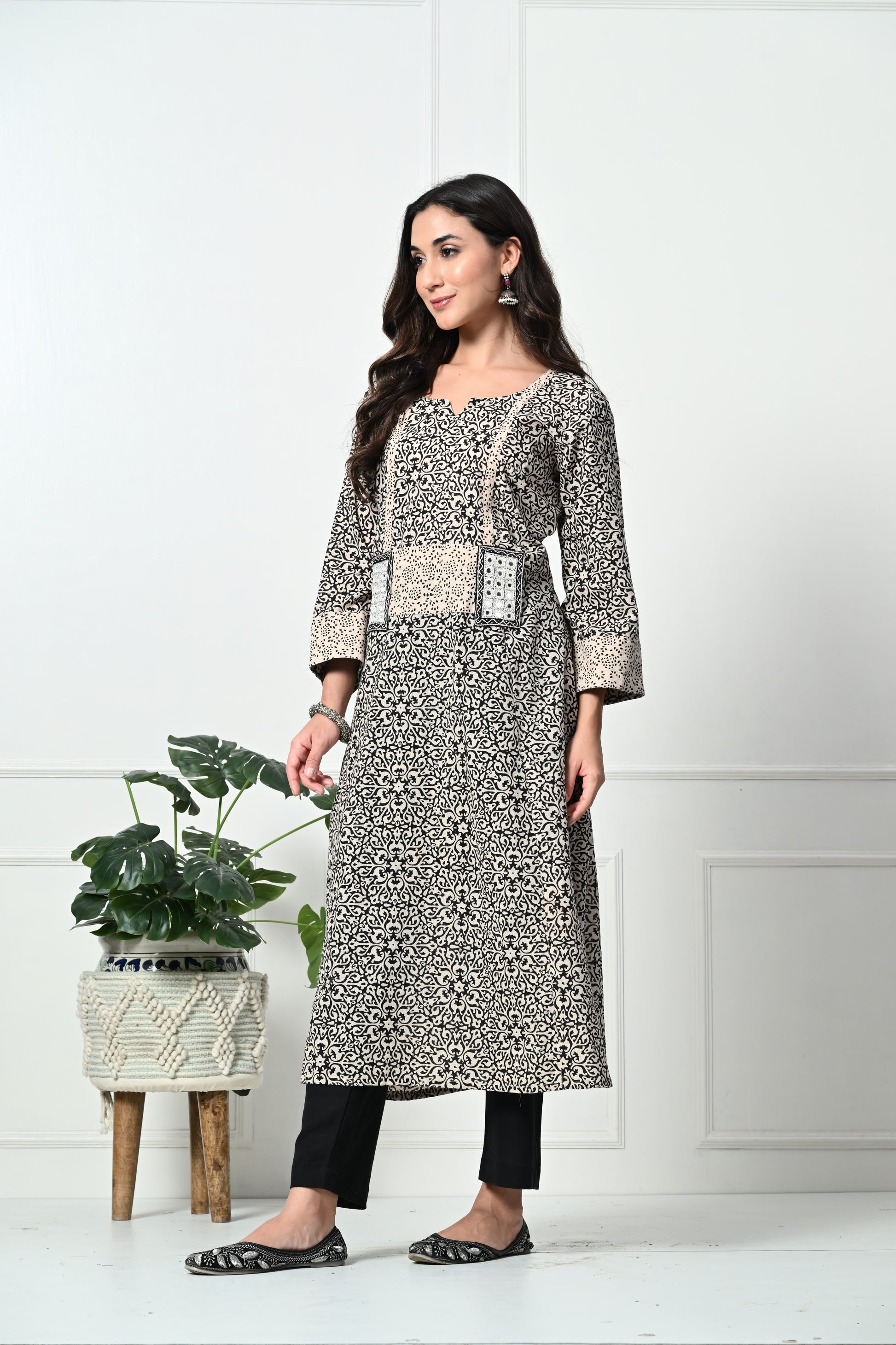 Black and White Ajrakh Hand Block Printed Long Kurta with Pocket