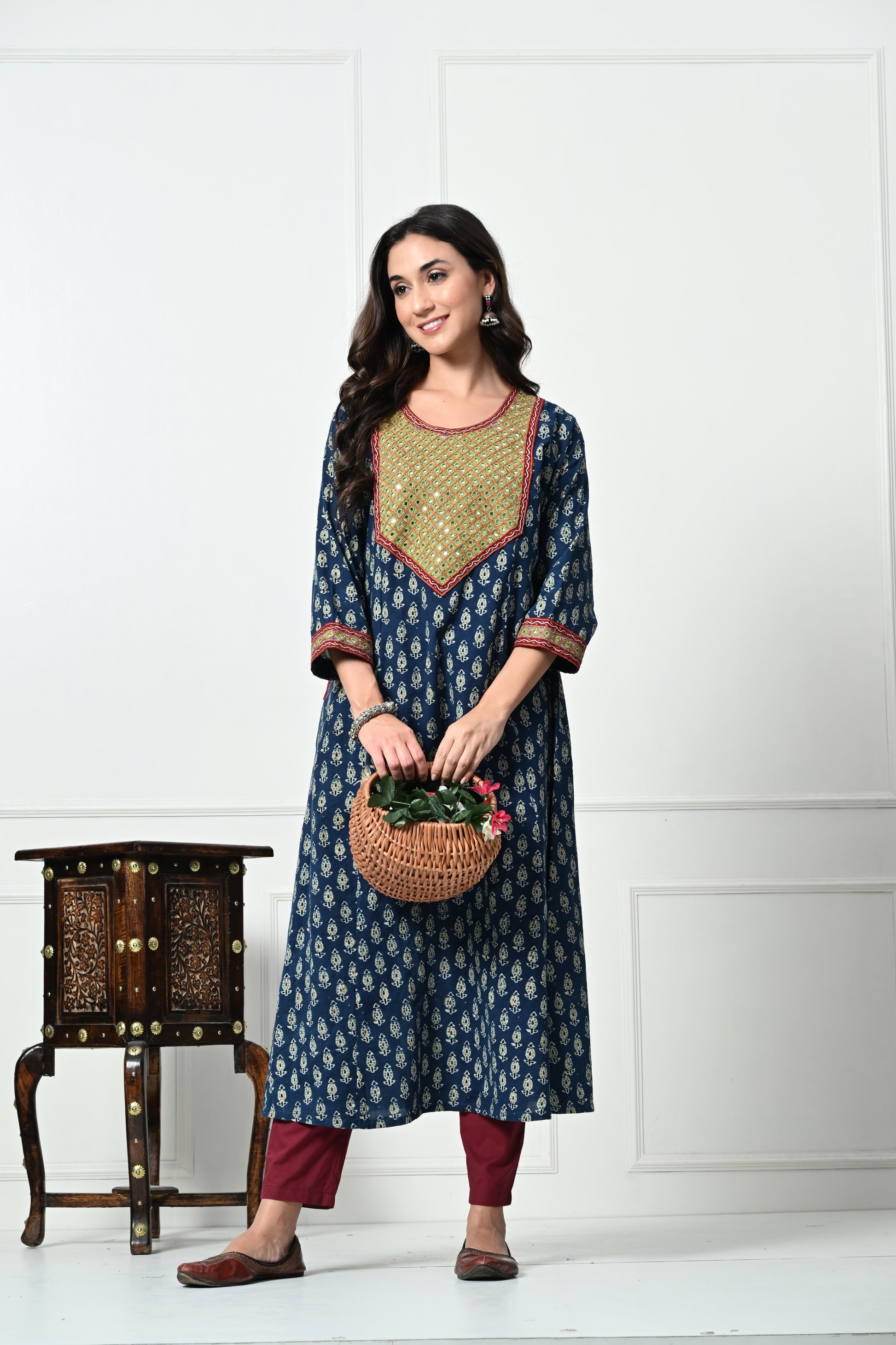 Blue Ajrakh Hand Block Printed Long Kurta with Pocket