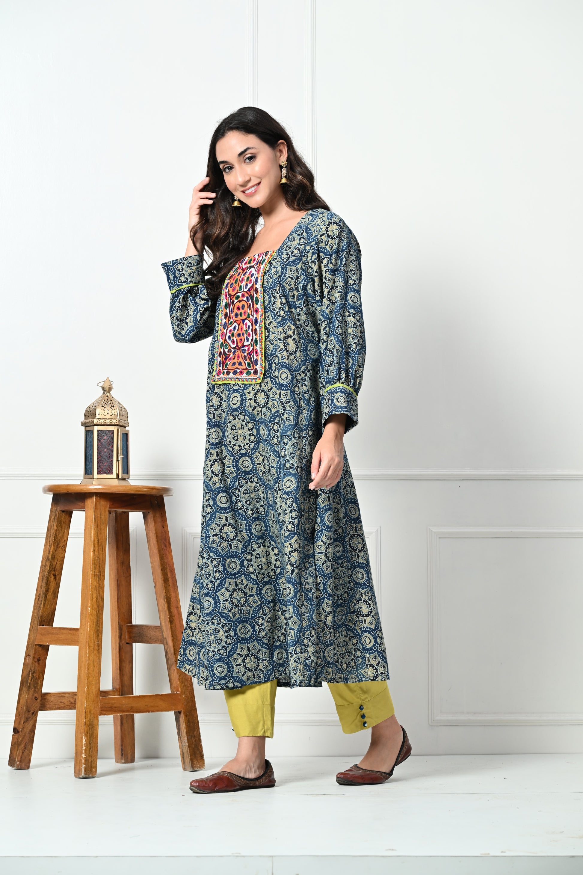 Blue Ajrakh Handblock Printed Long Cotton kurta