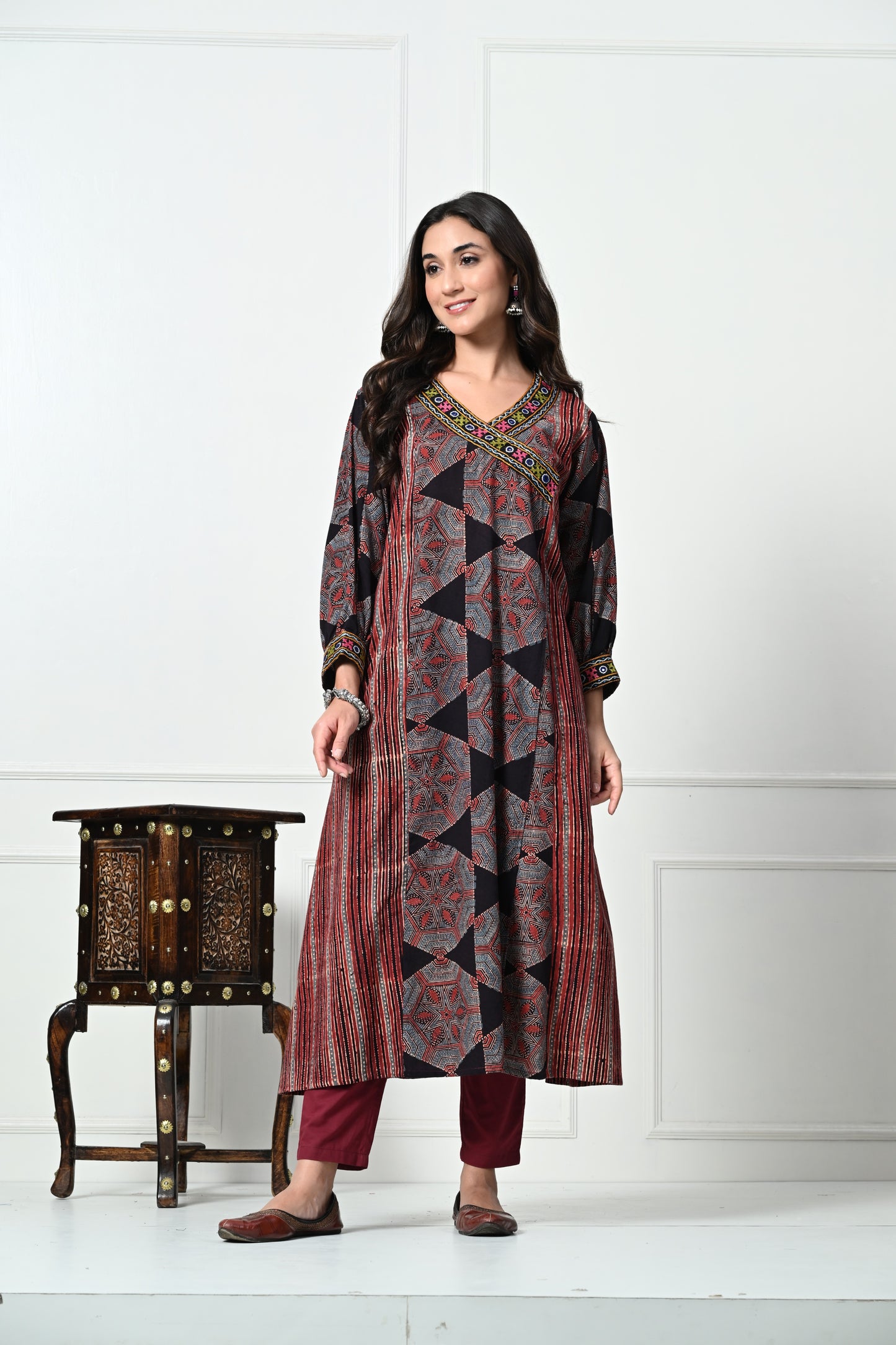 Black Ajrakh HandBlock Printed Long Cotton Kurta with Pocket