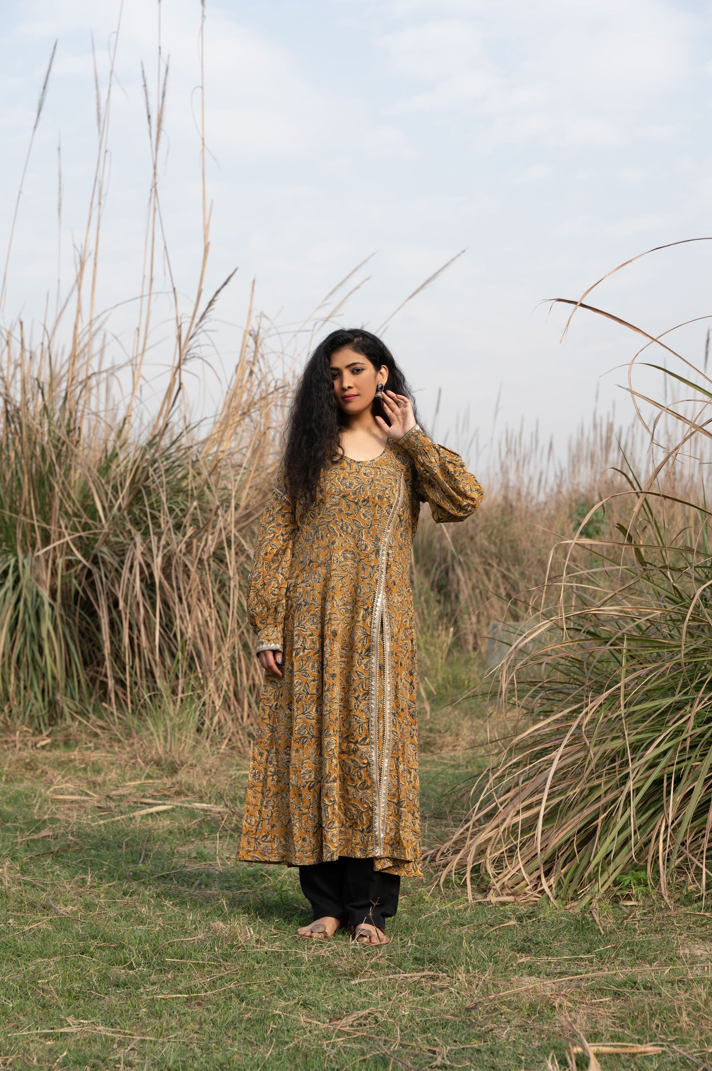 Mustard and Grey Kalamkari Hand Block Printed Cotton Kurta