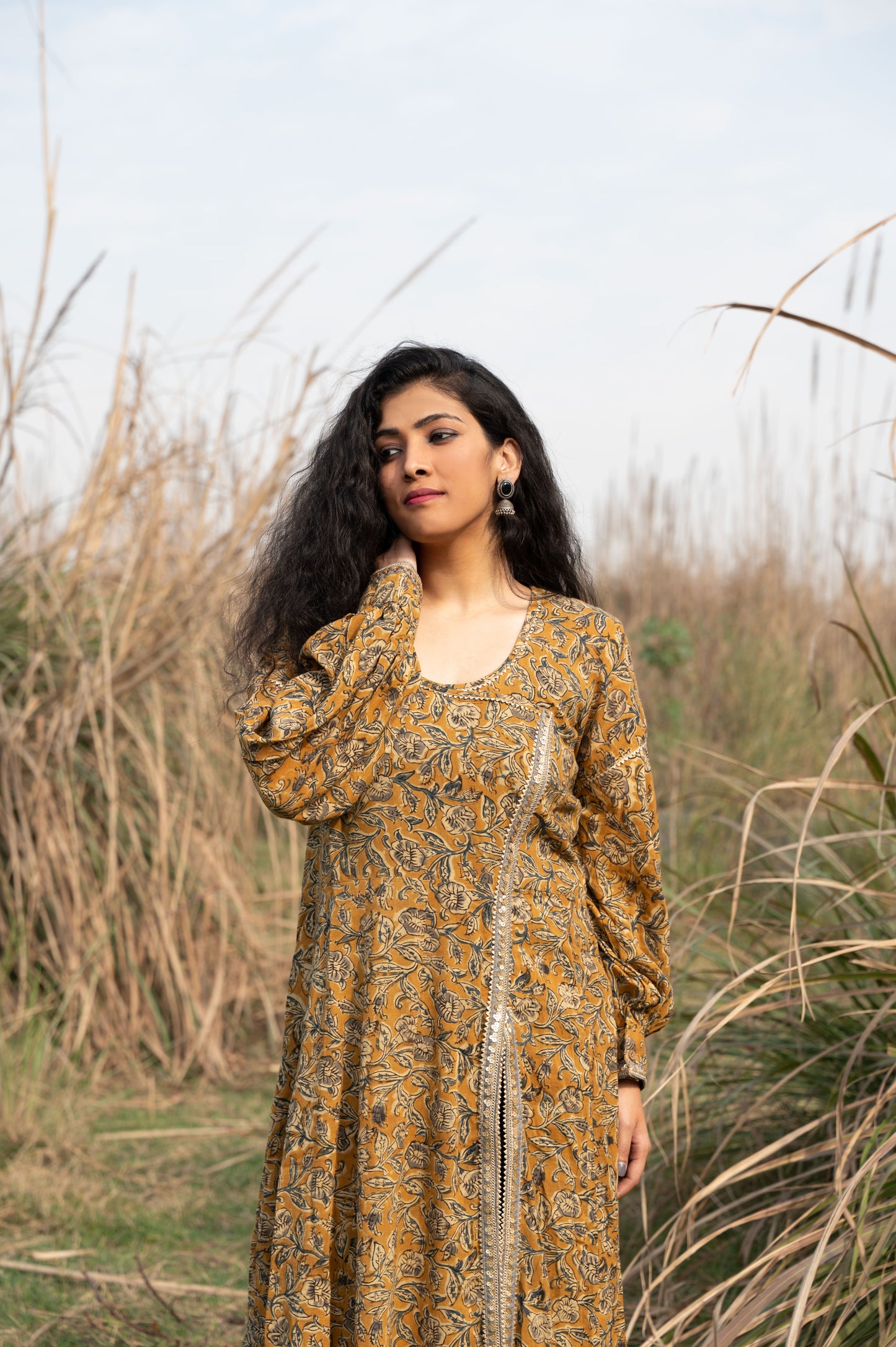 Mustard and Grey Kalamkari Hand Block Printed Cotton Kurta