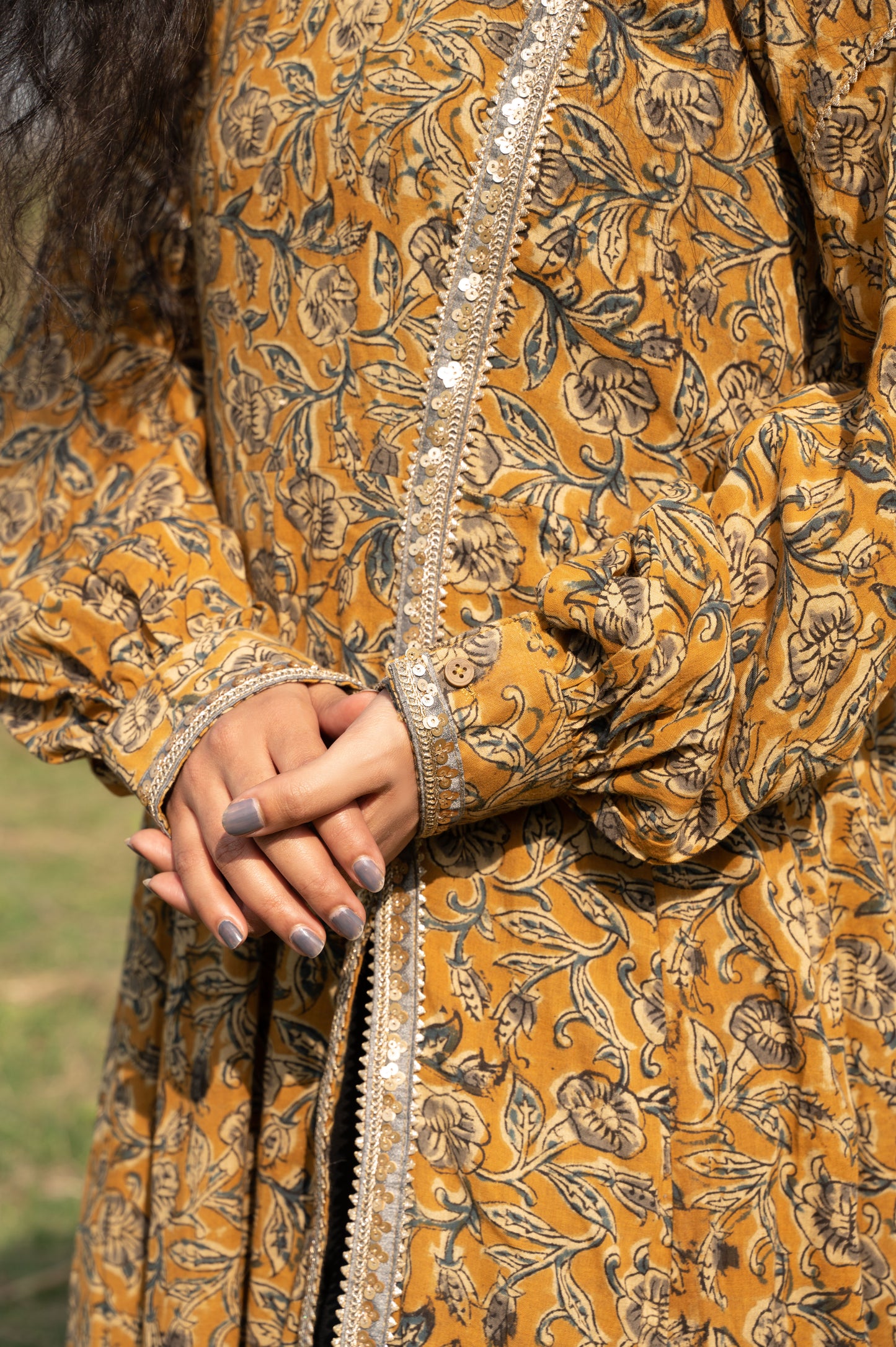 Mustard and Grey Kalamkari Hand Block Printed Cotton Kurta