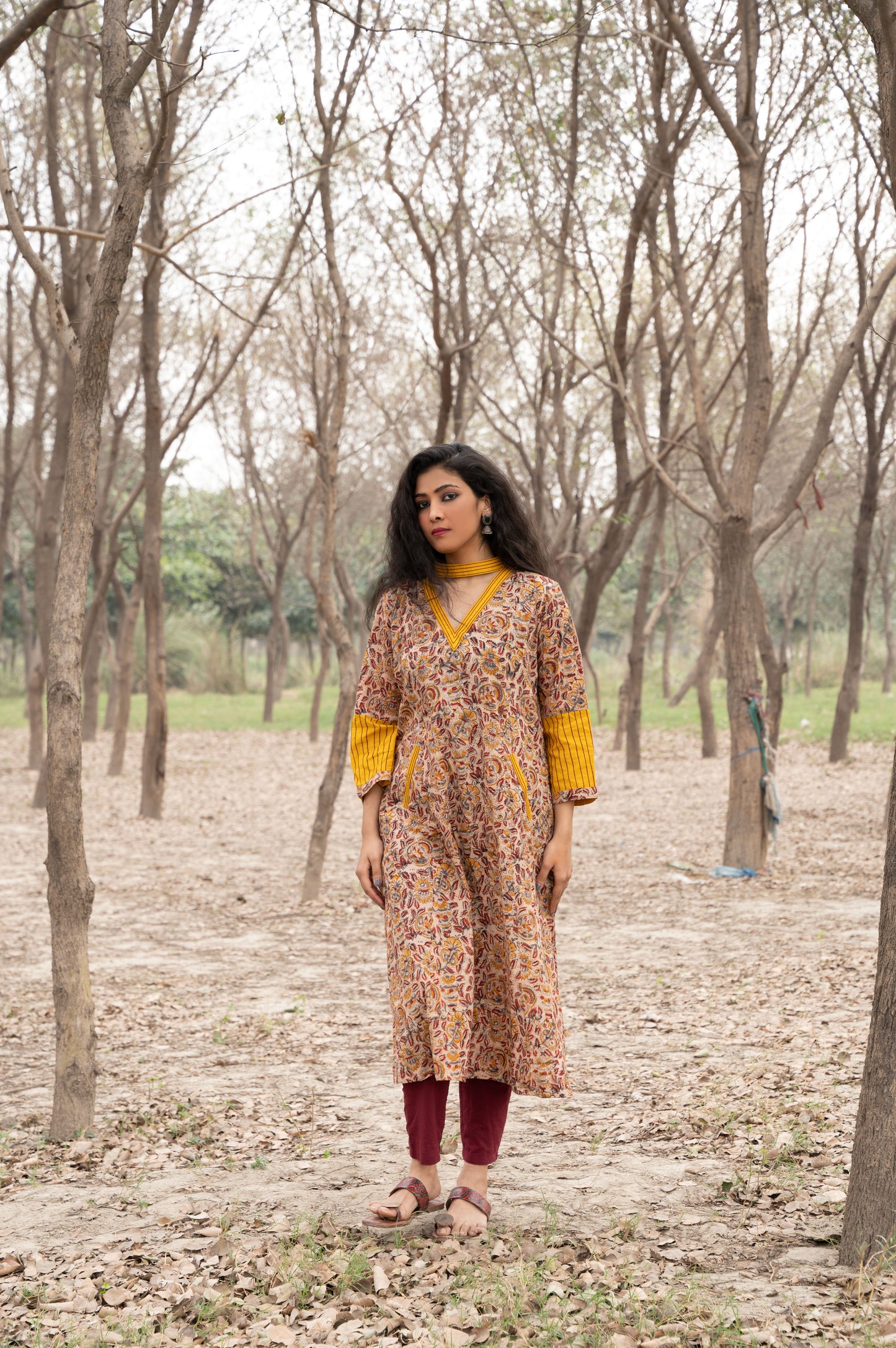 Red and Yellow Kalamkari Hand Block Printed Cotton Kurta