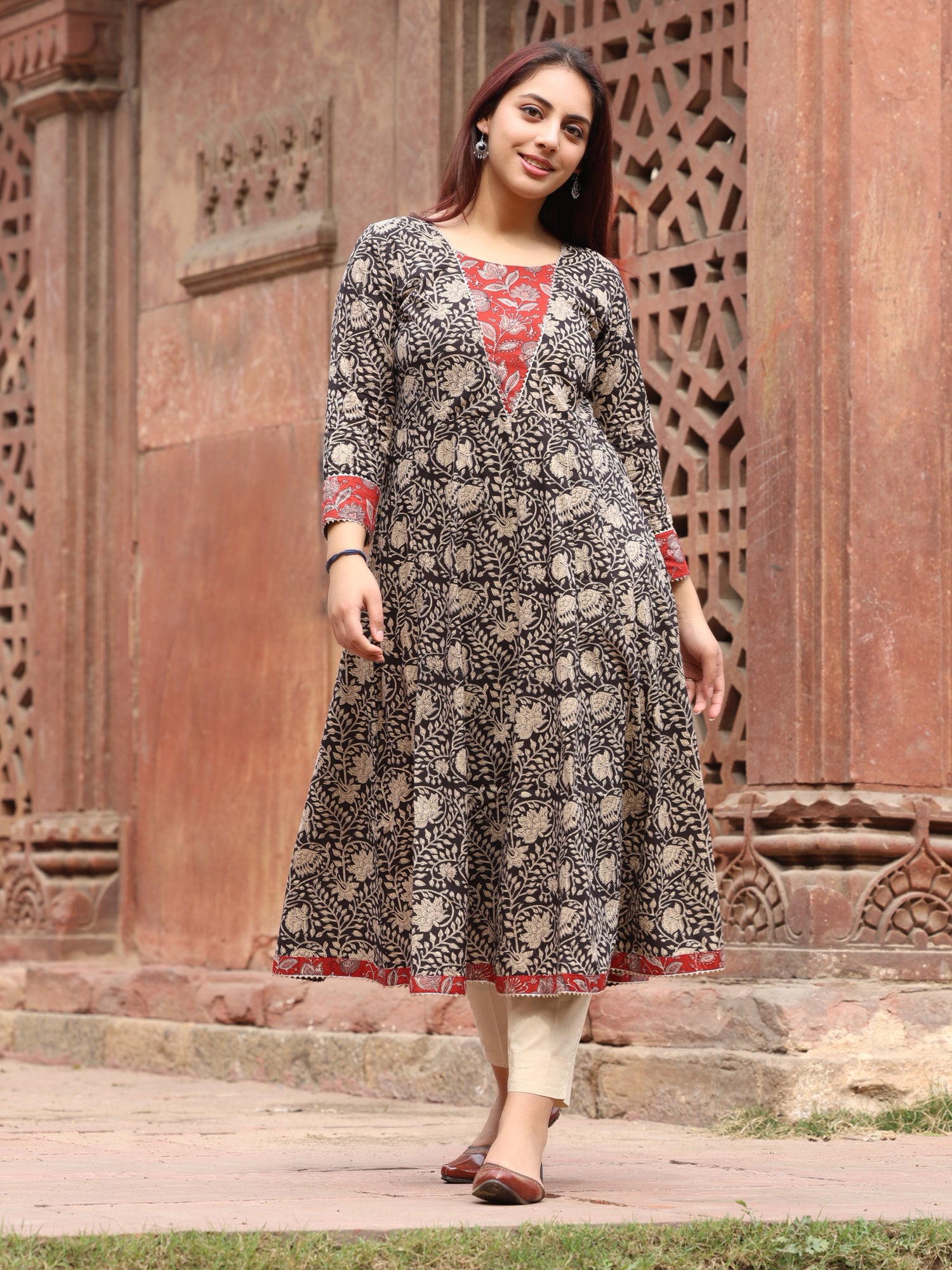 Black and Red Long Kali Cotton Kurta