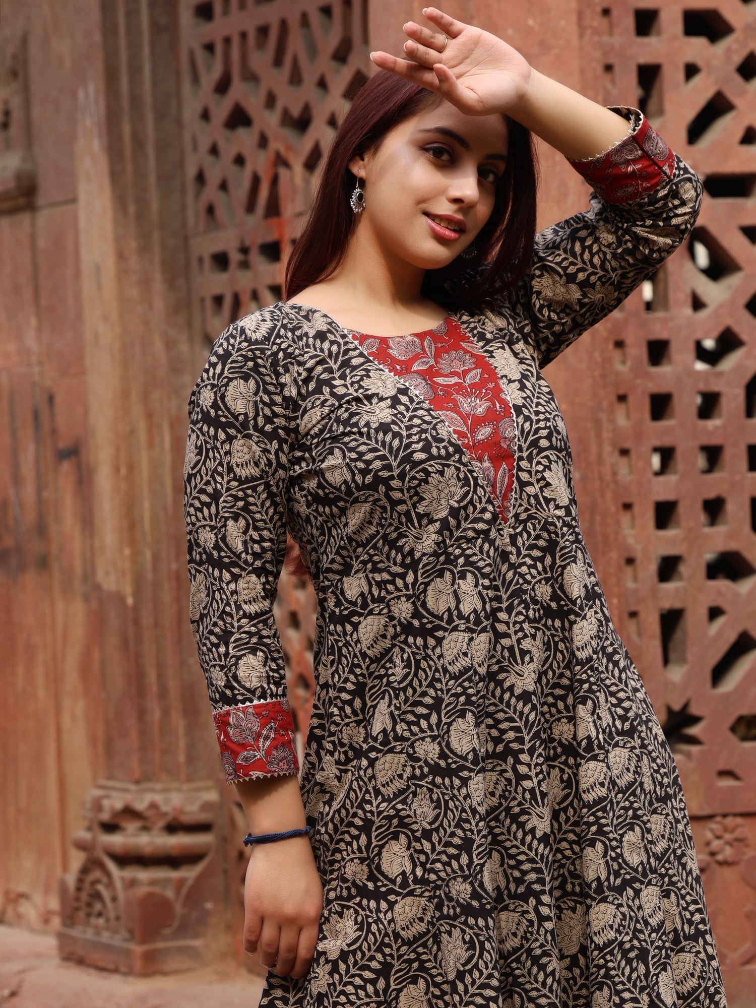 Black and Red Long Kali Cotton Kurta