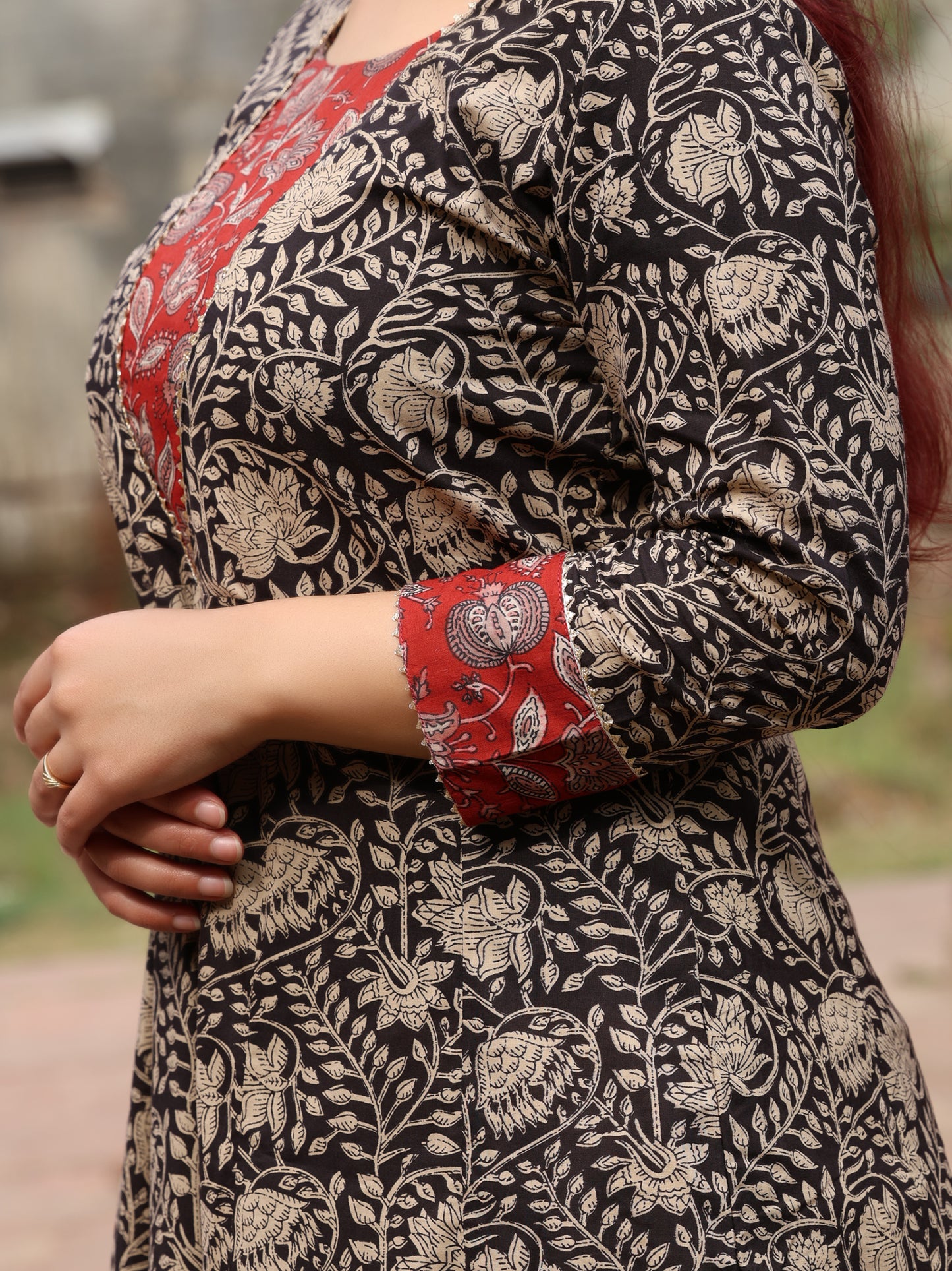 Black and Red Long Kali Cotton Kurta