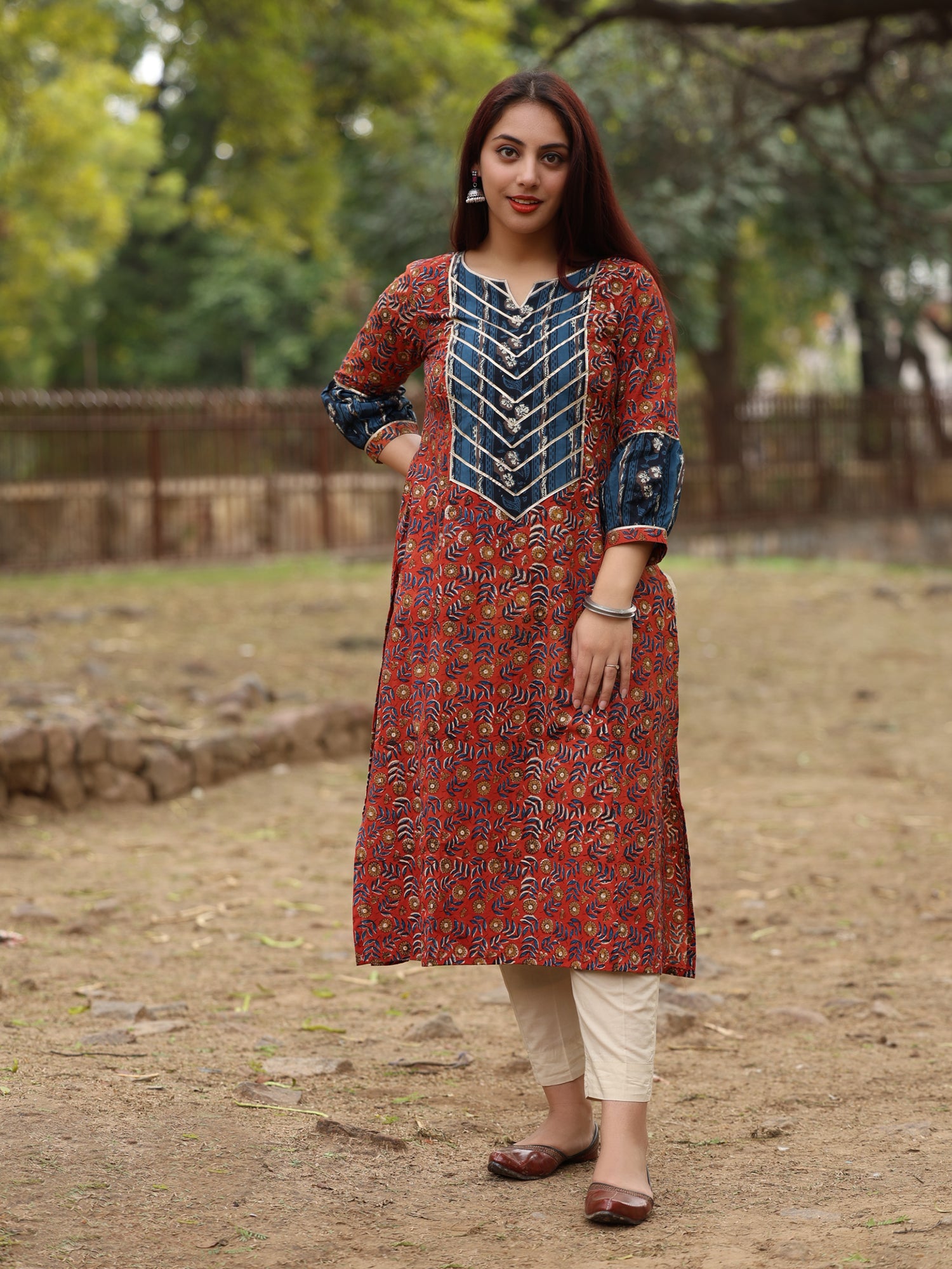 Blue and Red Handblock Printed Long Cotton Kurta