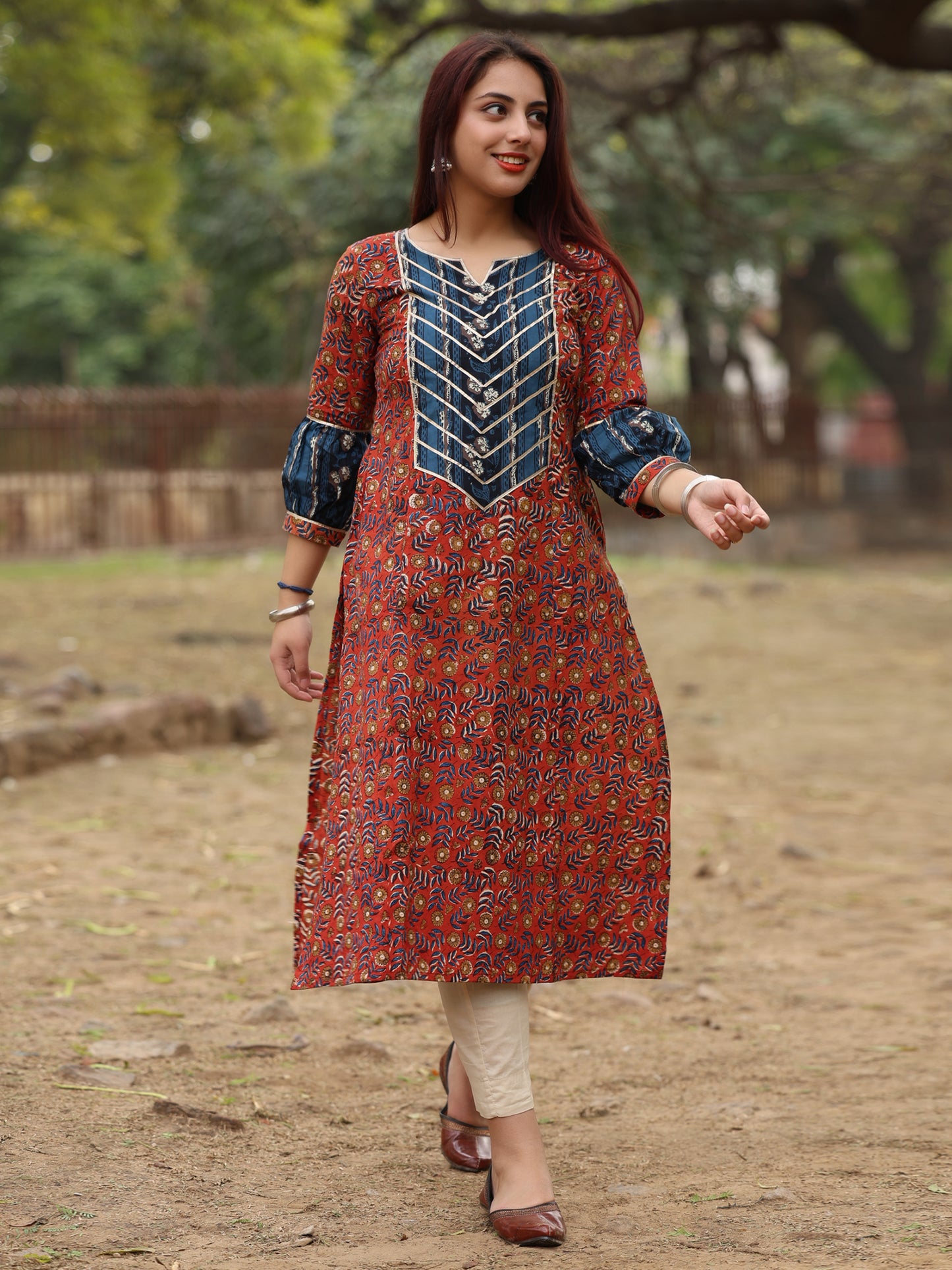 Blue and Red Handblock Printed Long Cotton Kurta