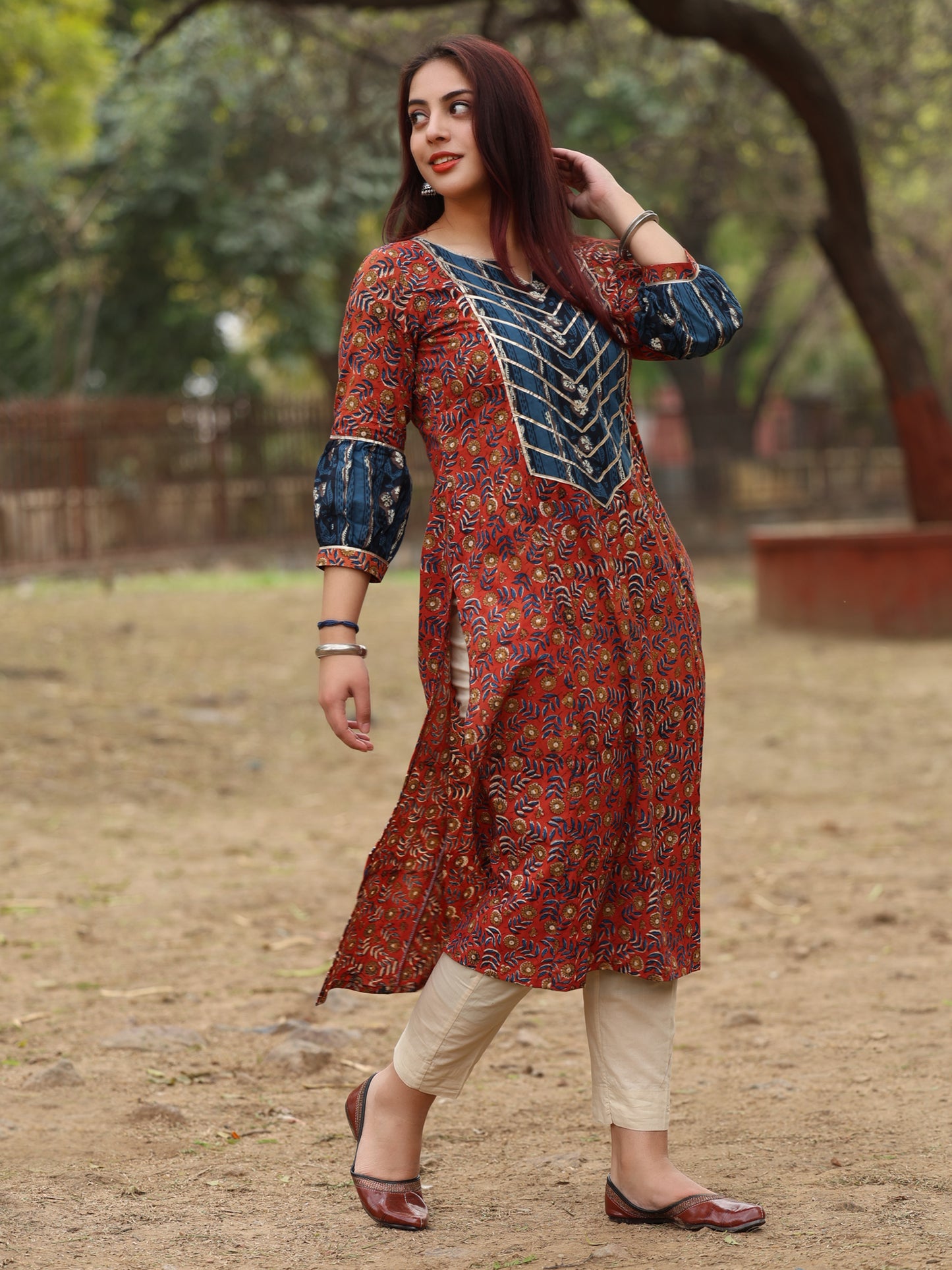 Blue and Red Handblock Printed Long Cotton Kurta