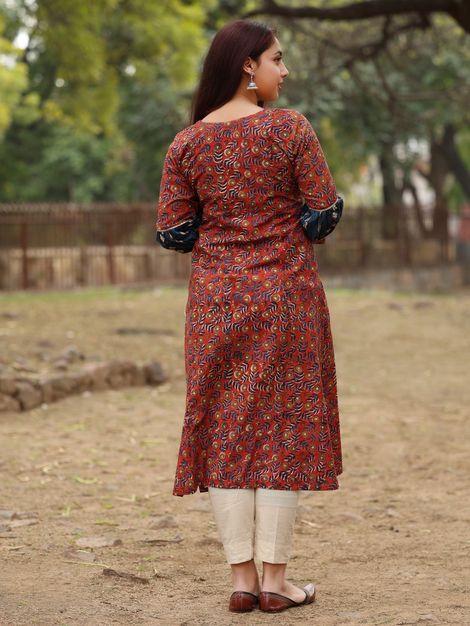 Blue and Red Handblock Printed Long Cotton Kurta