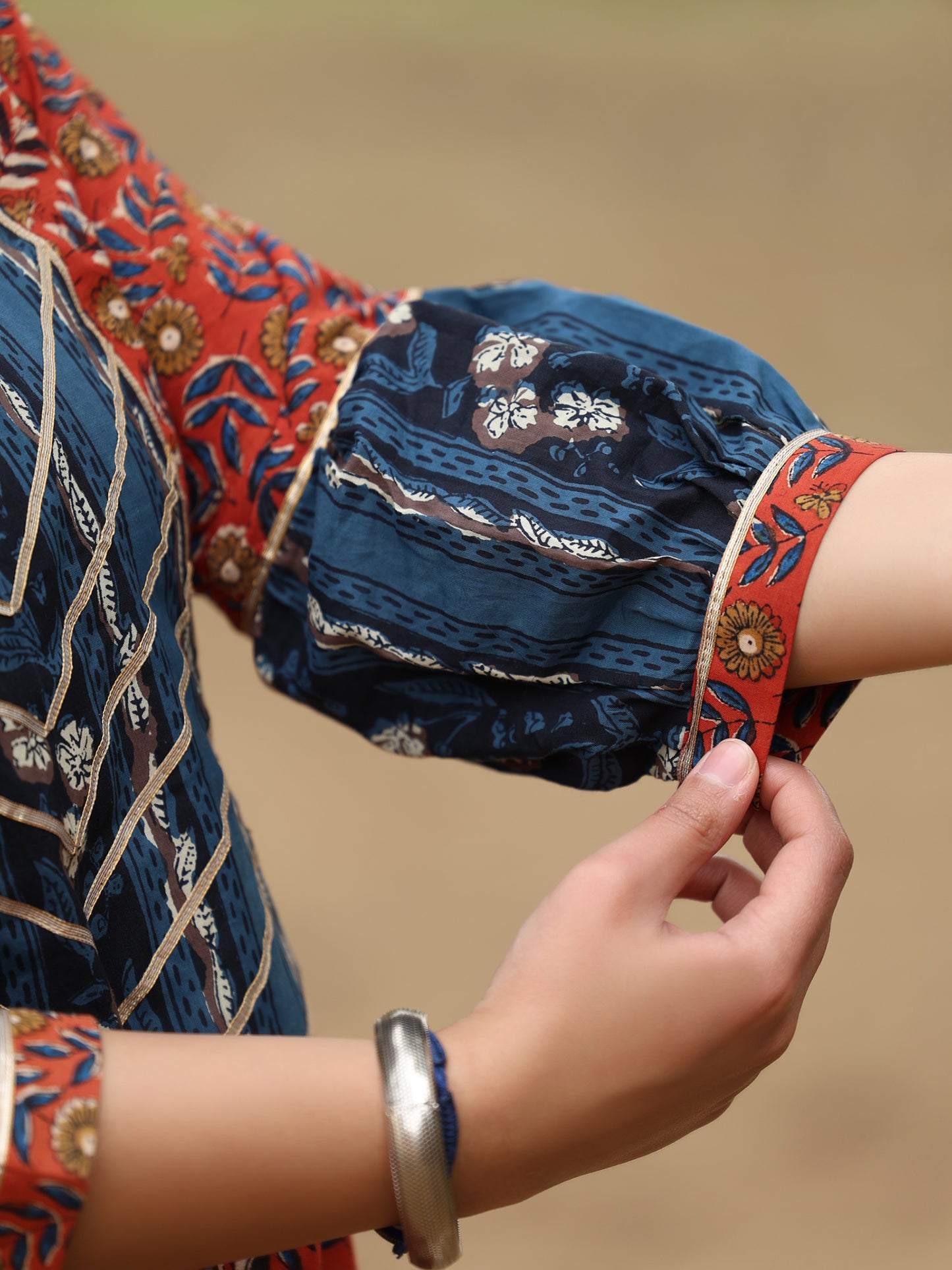 Blue and Red Handblock Printed Long Cotton Kurta