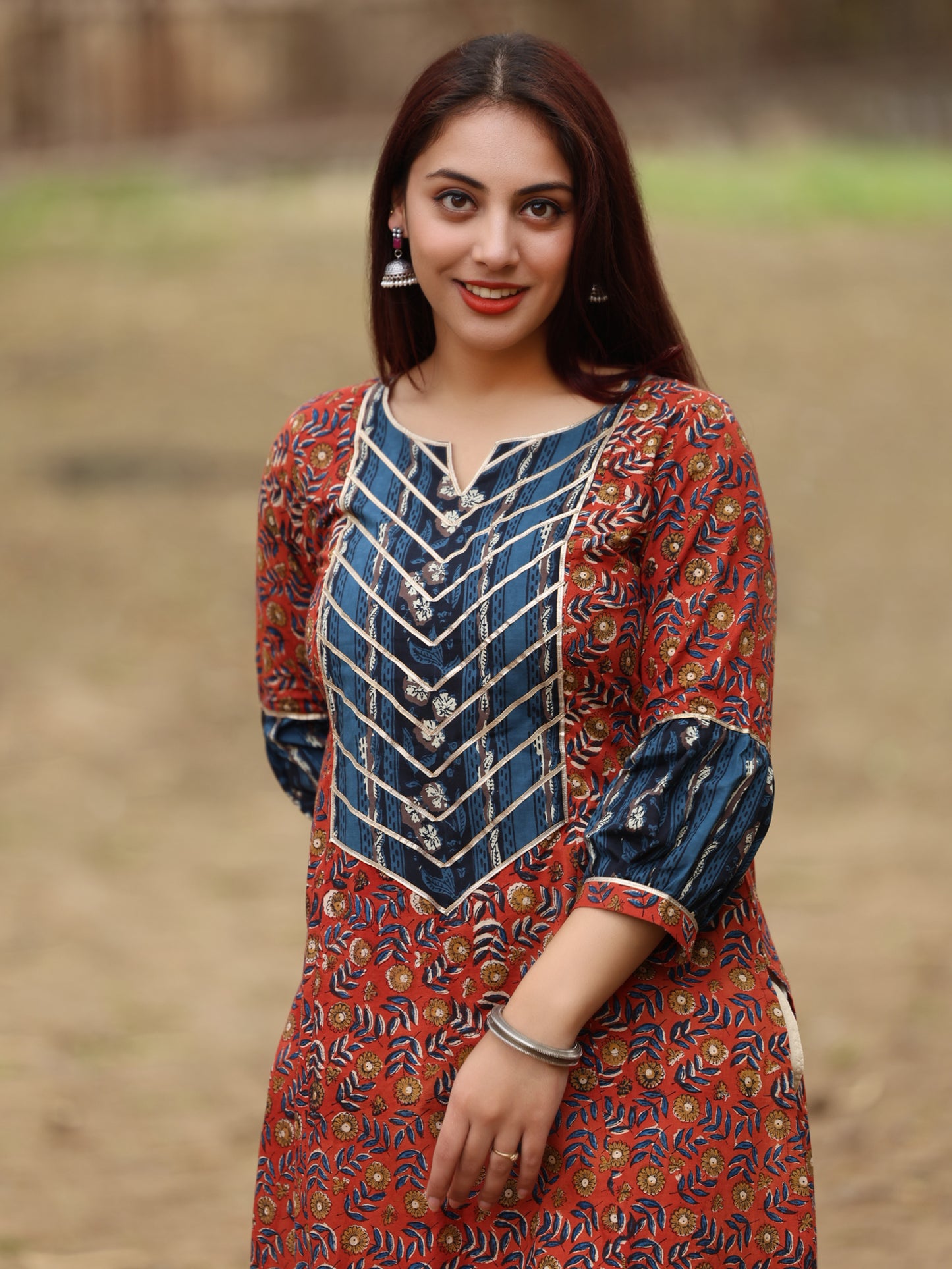 Blue and Red Handblock Printed Long Cotton Kurta