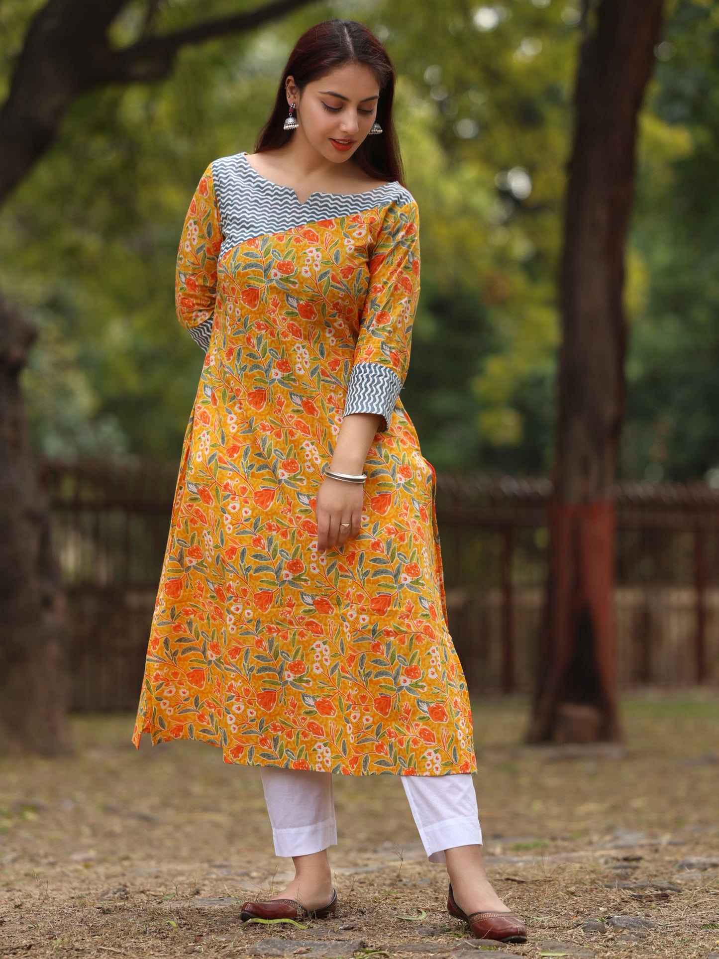 Yellow Floral Long Cotton Kurta