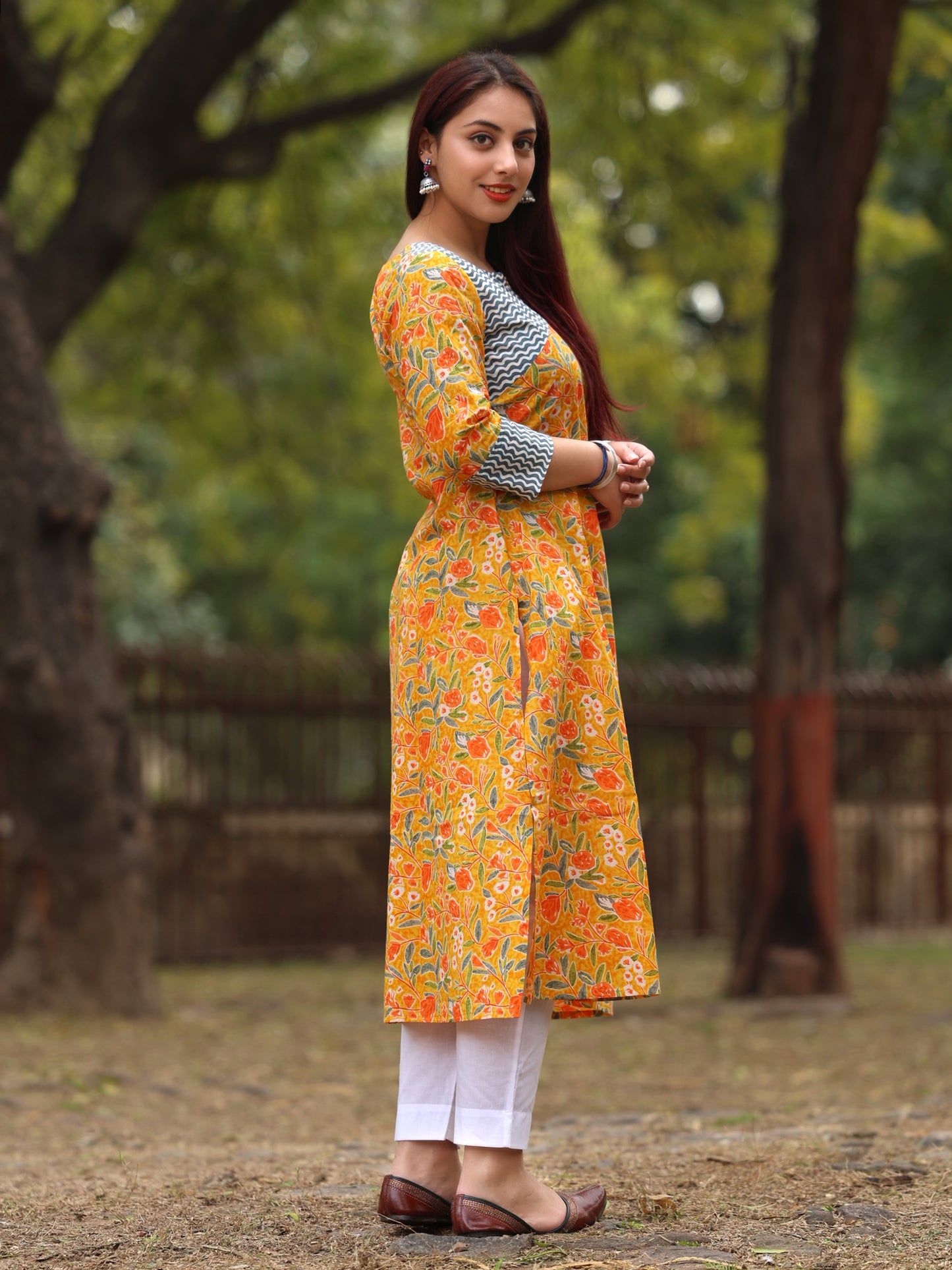 Yellow Floral Long Cotton Kurta