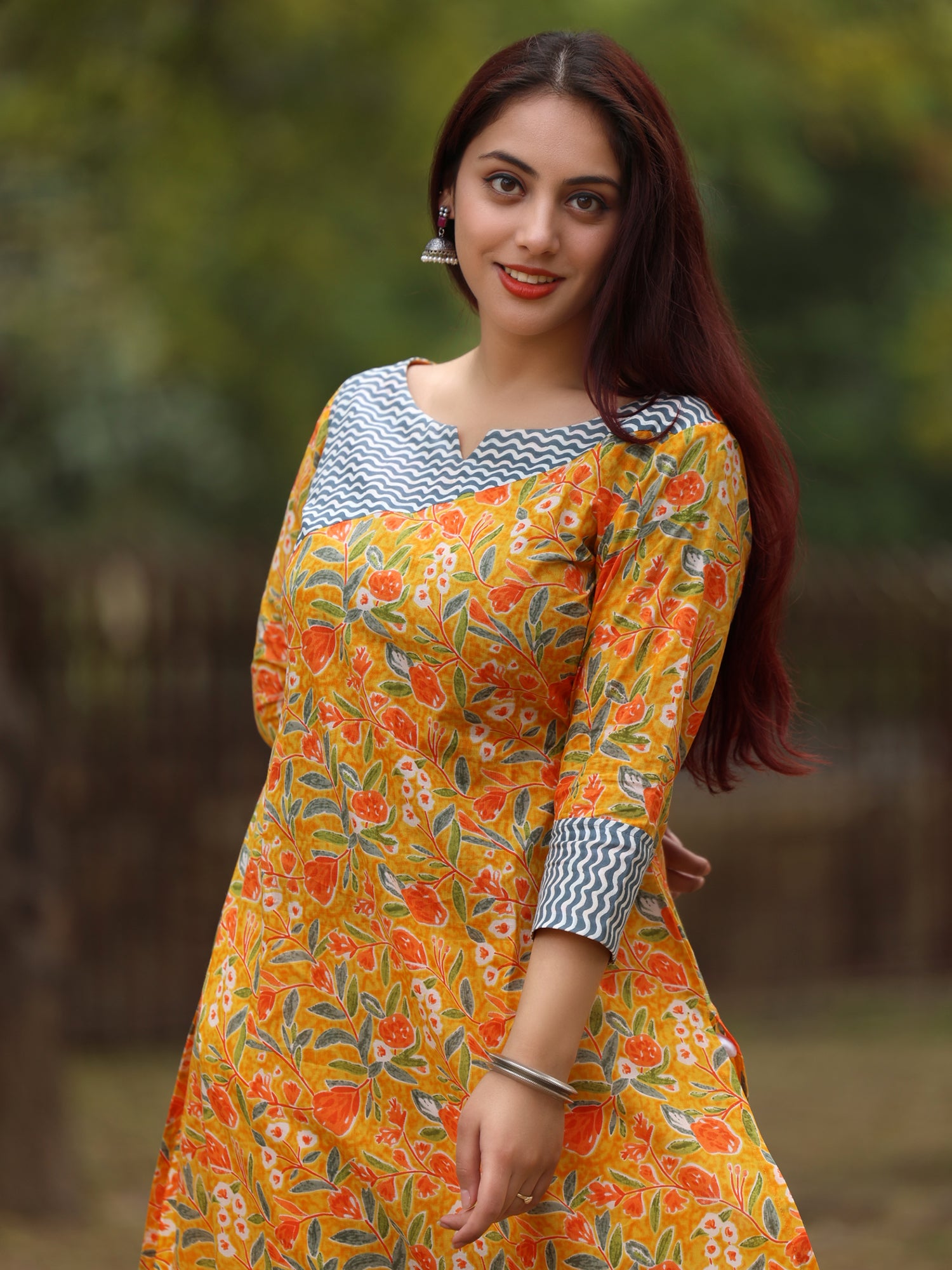 Yellow Floral Long Cotton Kurta