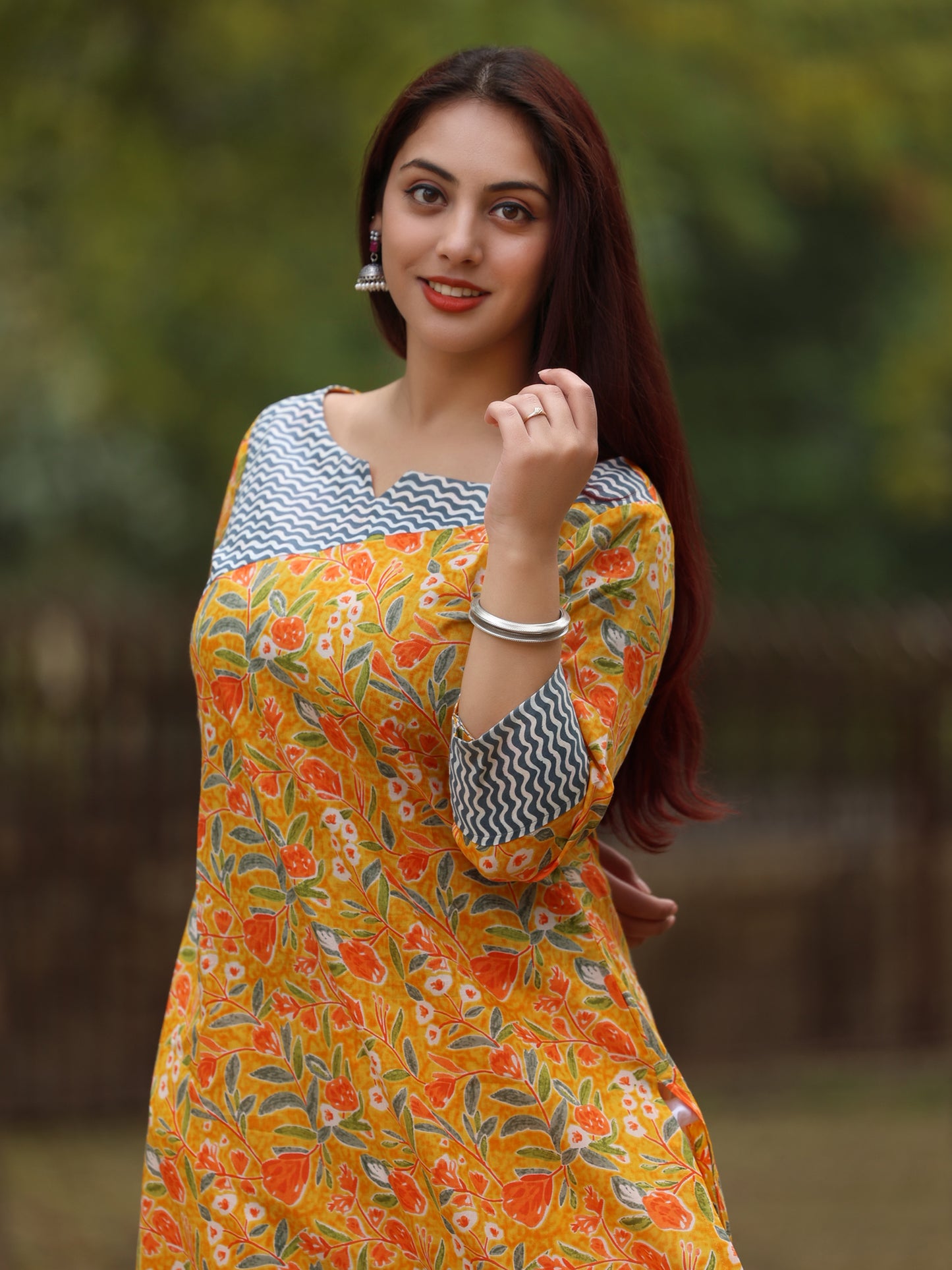 Yellow Floral Long Cotton Kurta