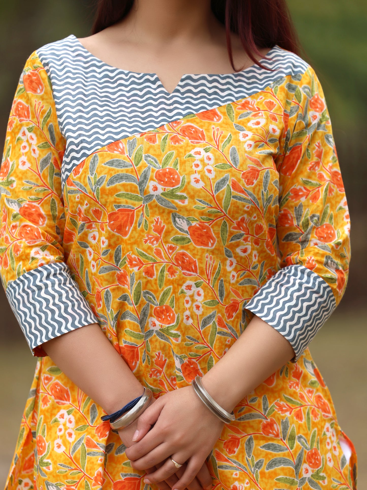 Yellow Floral Long Cotton Kurta