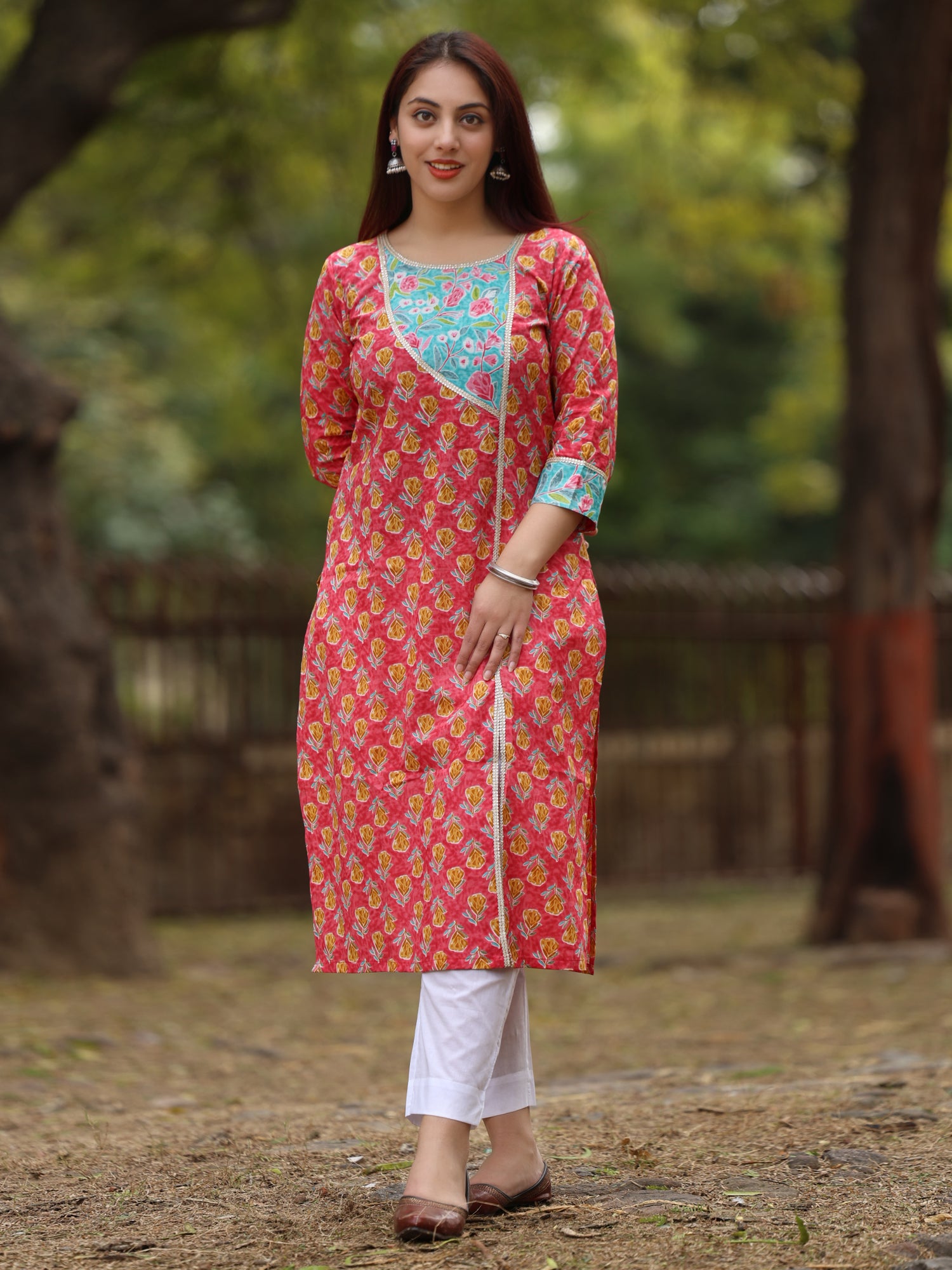 Pink and Blue Floral Printed Long Kurta