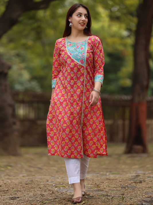 Pink and Blue Floral Printed Long Kurta