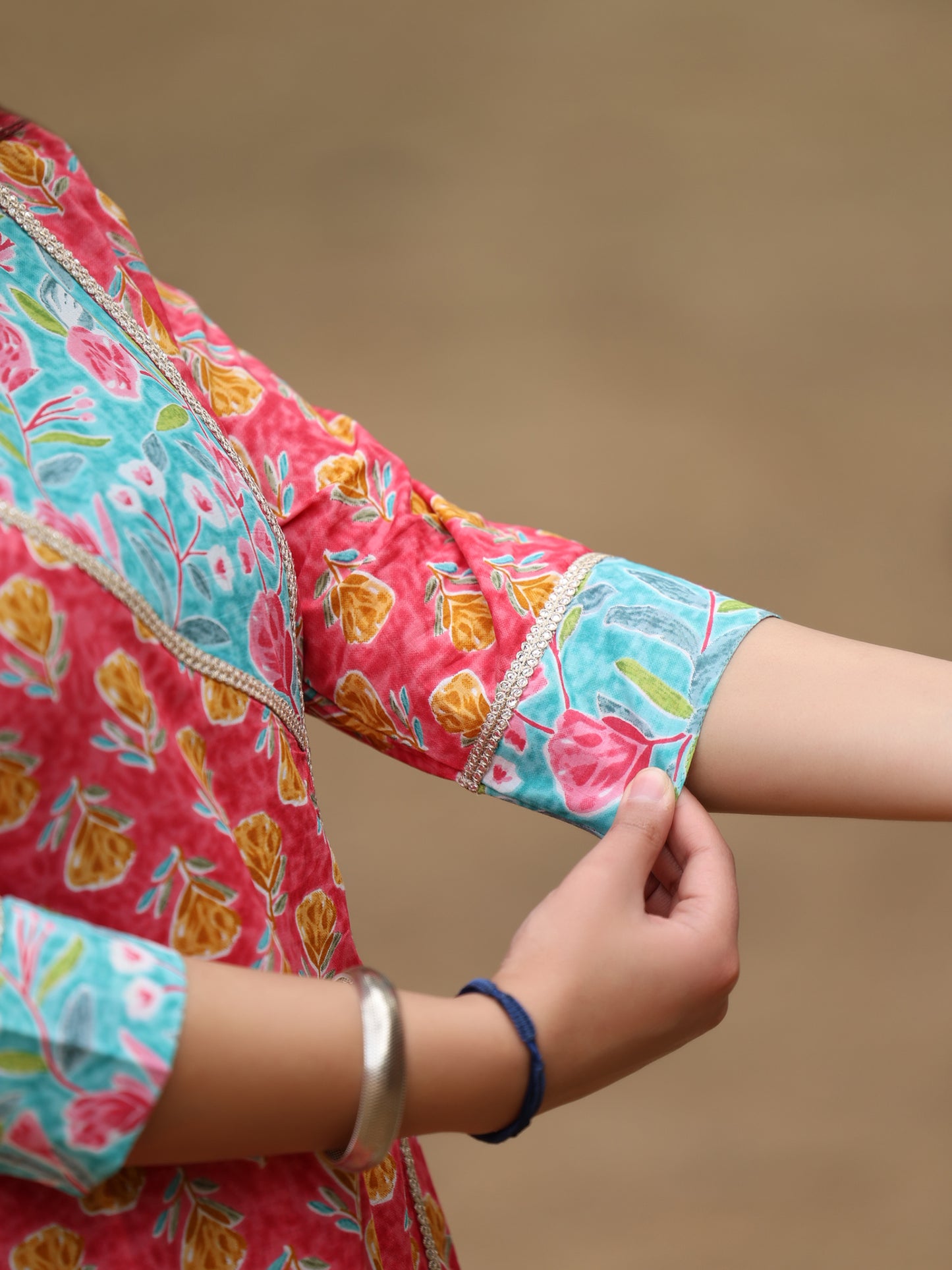 Pink and Blue Floral Printed Long Kurta