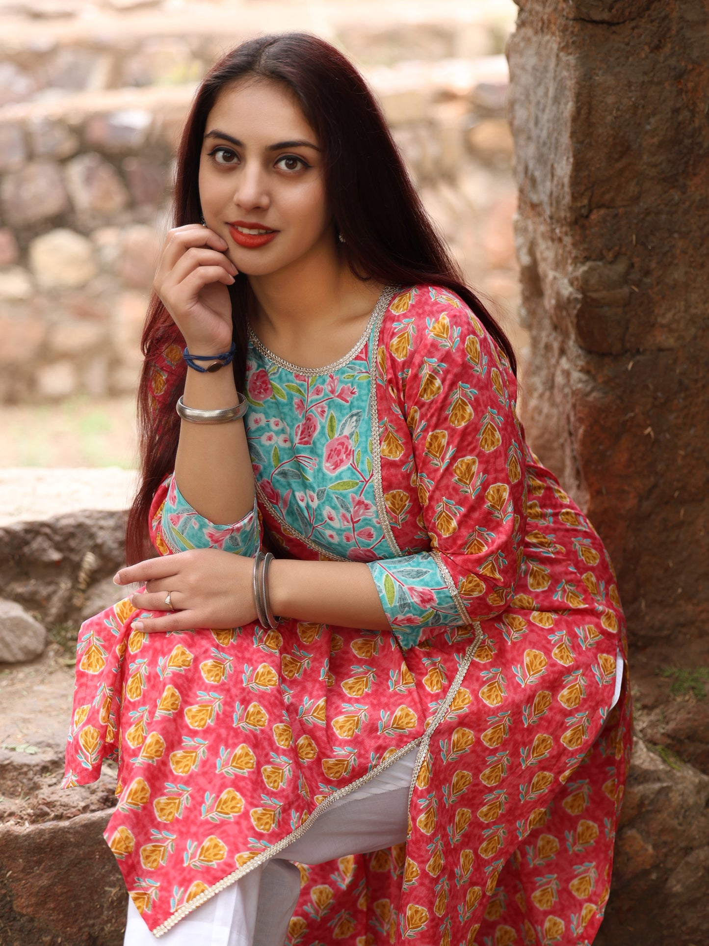 Pink and Blue Floral Printed Long Kurta