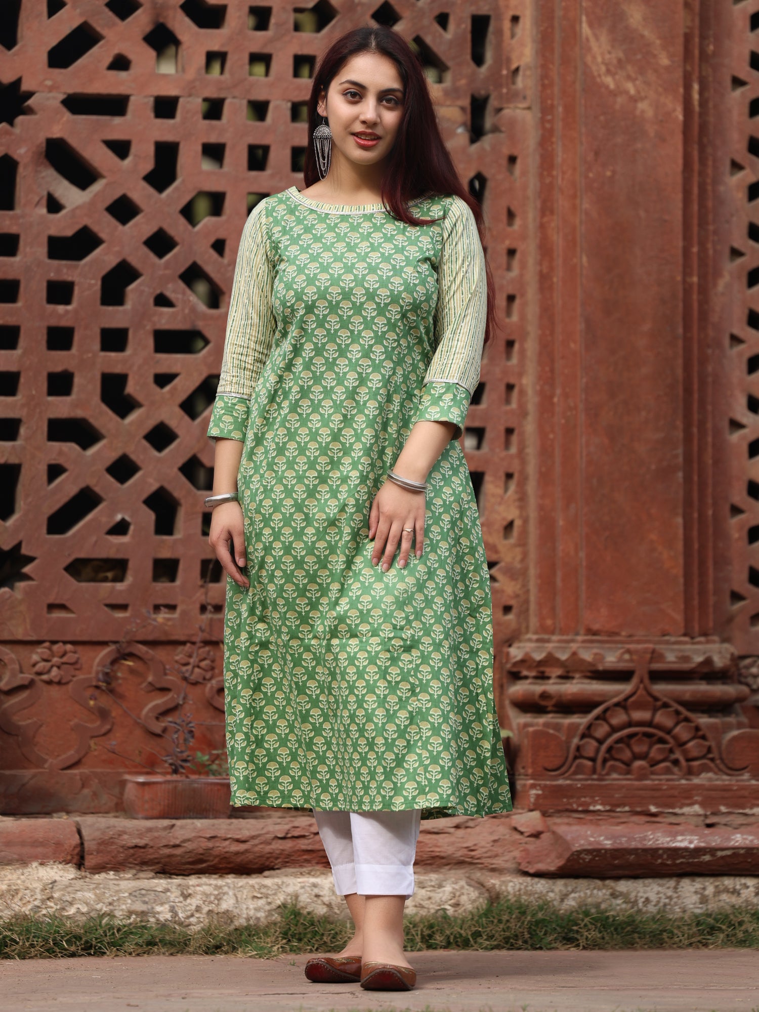 Pista Green Printed Long Kurta