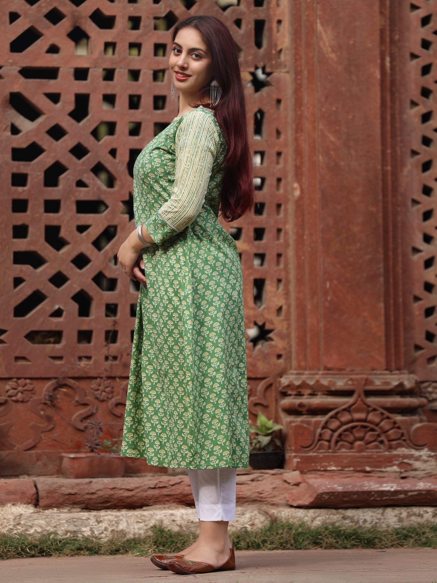 Pista Green Printed Long Kurta