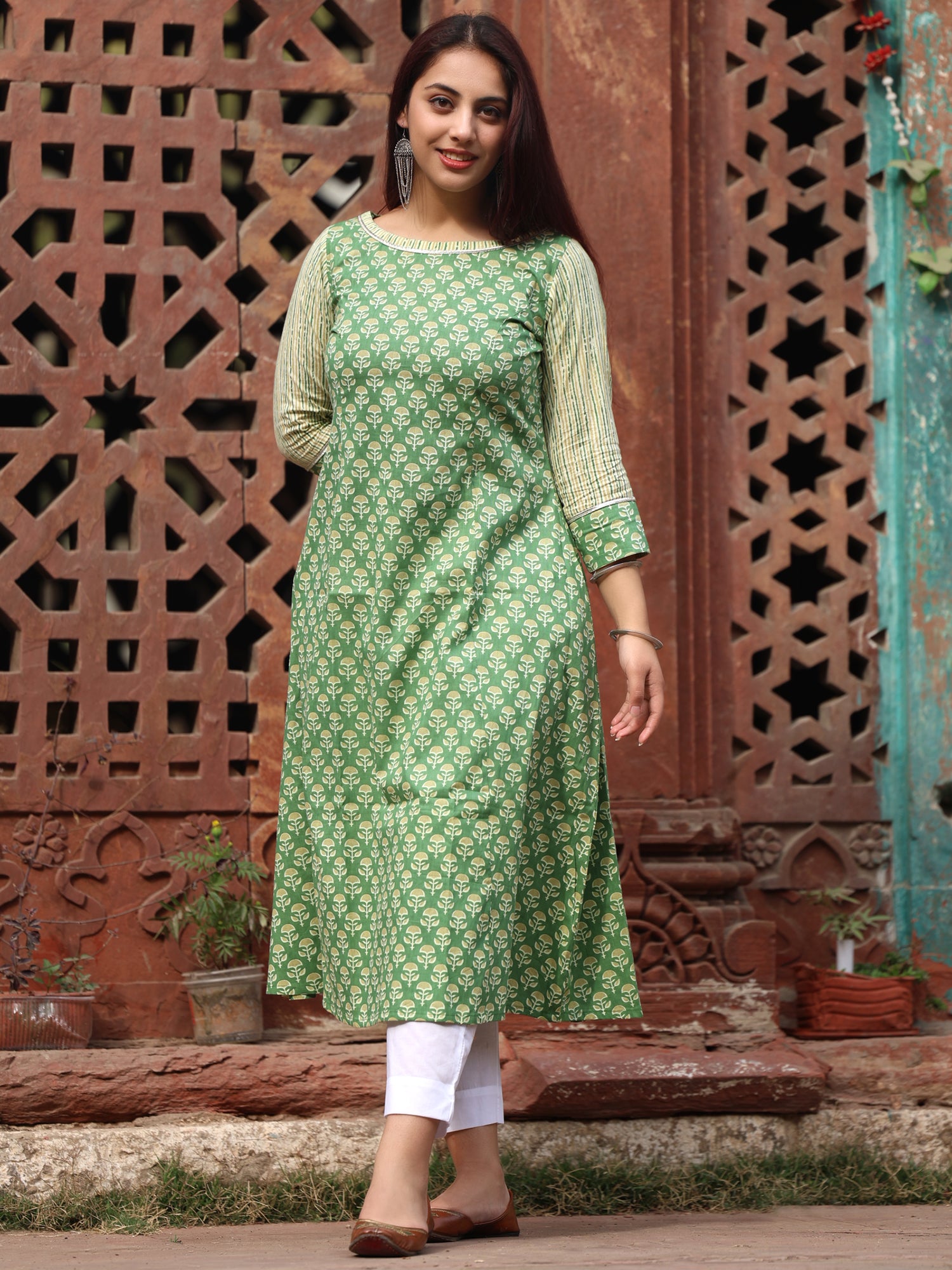 Pista Green Printed Long Kurta