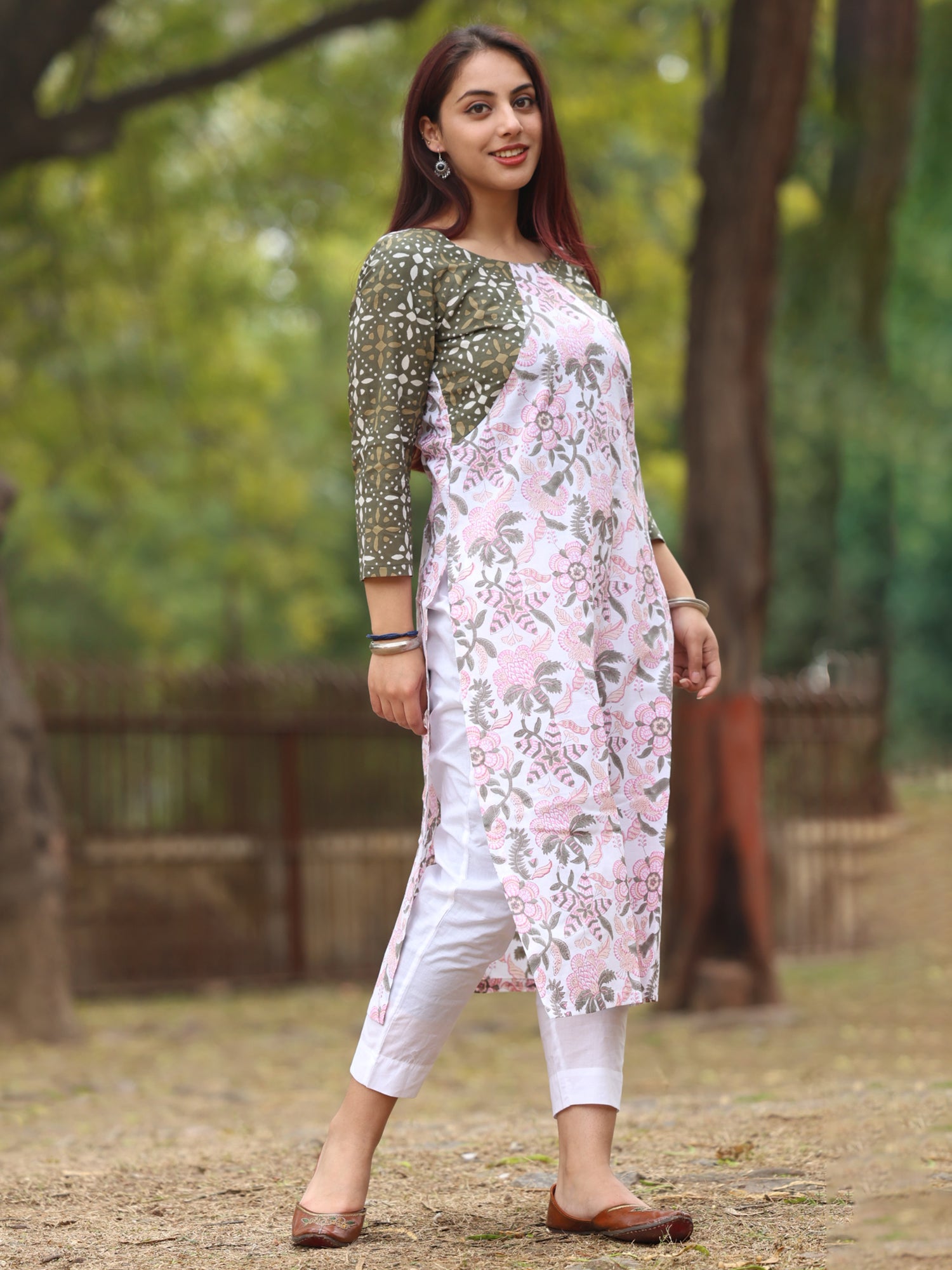 White and Pink Handblock Printed Long Kurta