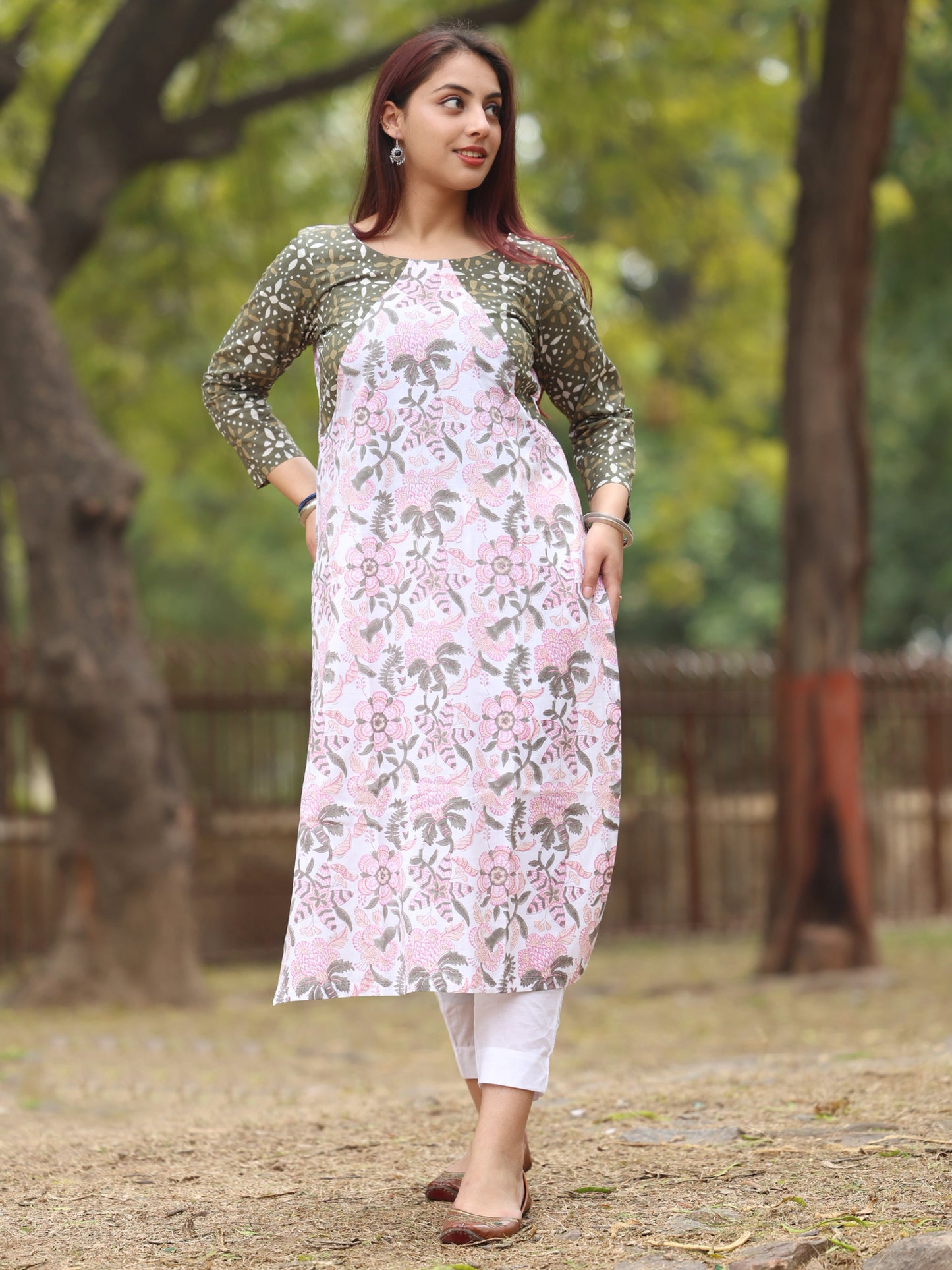 White and Pink Handblock Printed Long Kurta