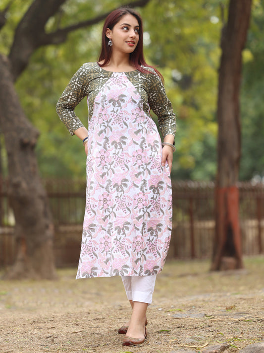 White and Pink Handblock Printed Long Kurta