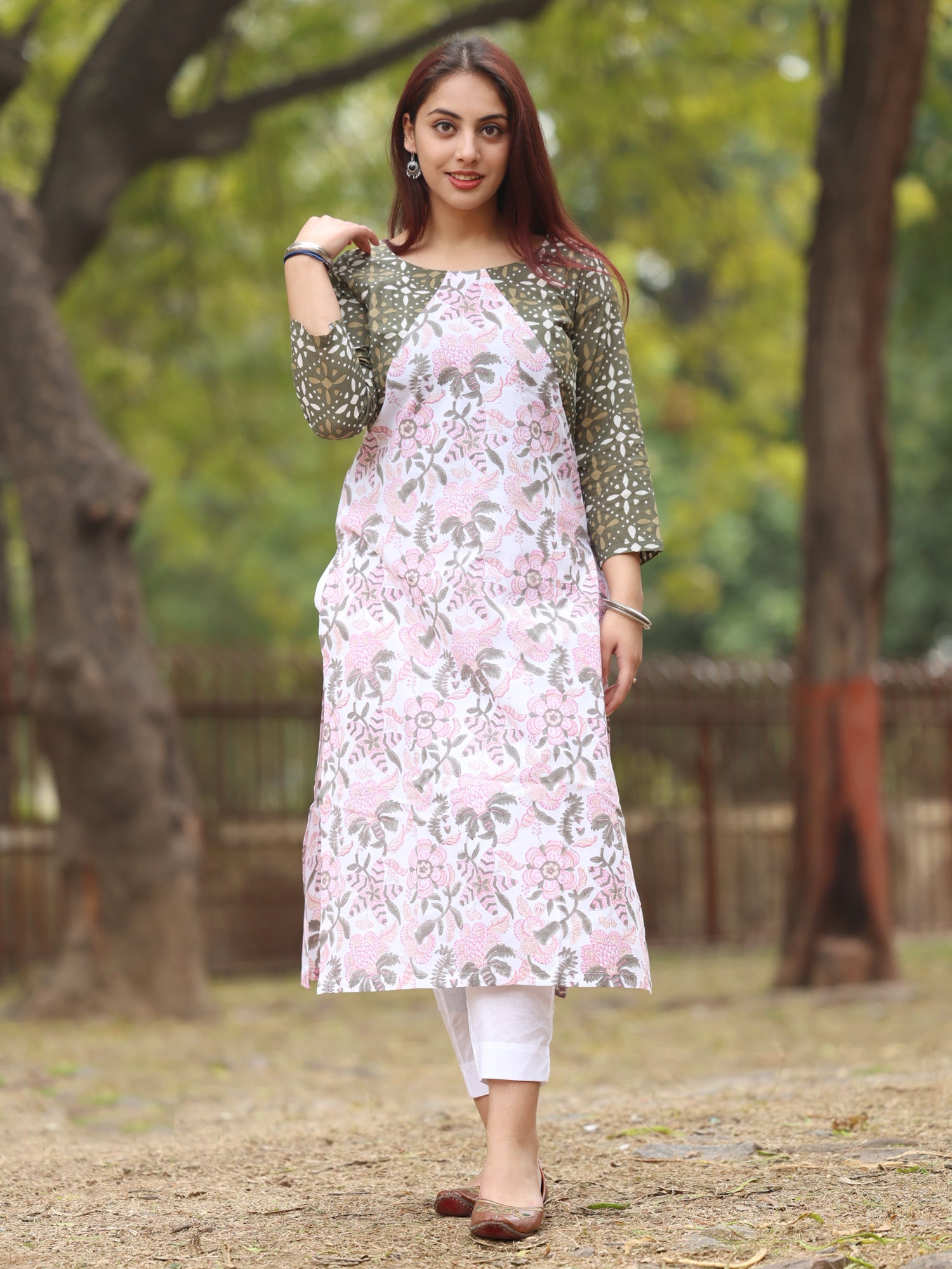 White and Pink Handblock Printed Long Kurta